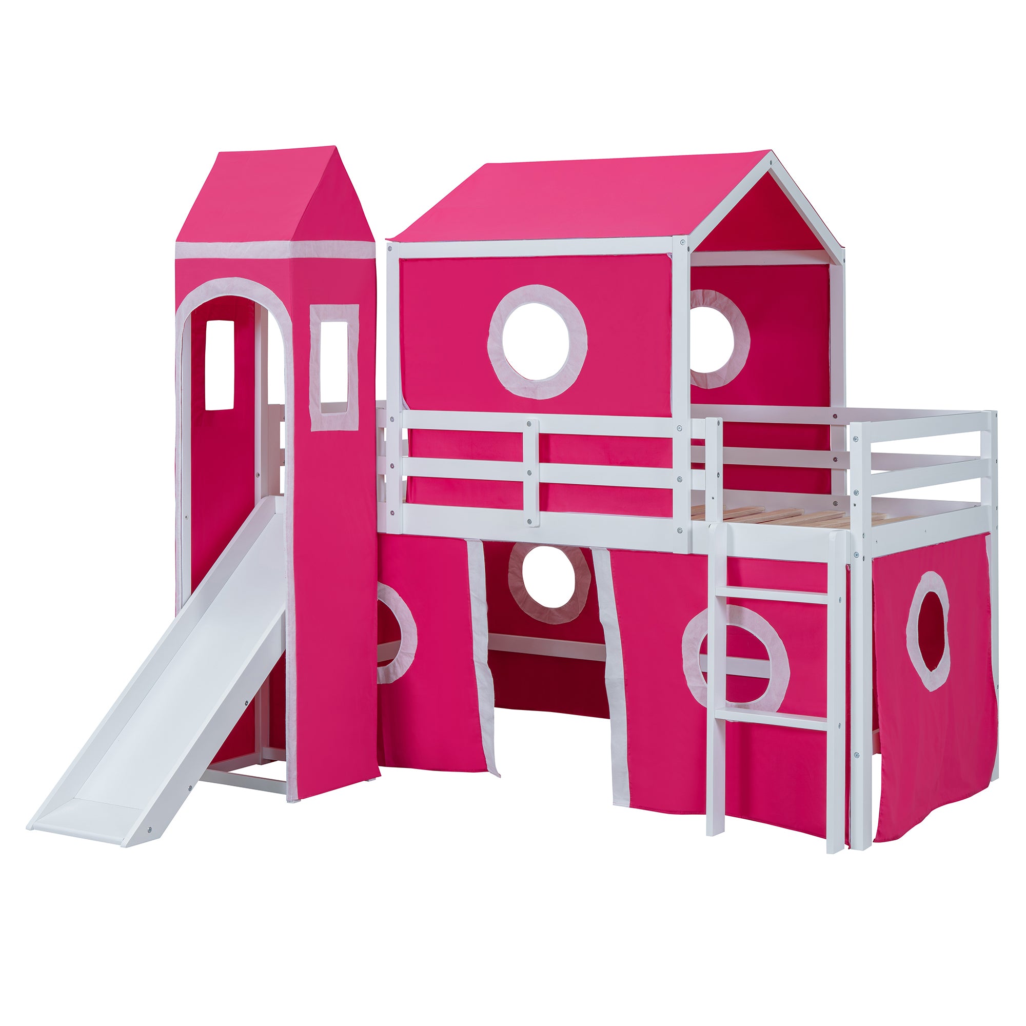 Twin Size Loft  Bed with Slide Pink Tent and Tower - Pink (OLD SKU:WF298769AAH)