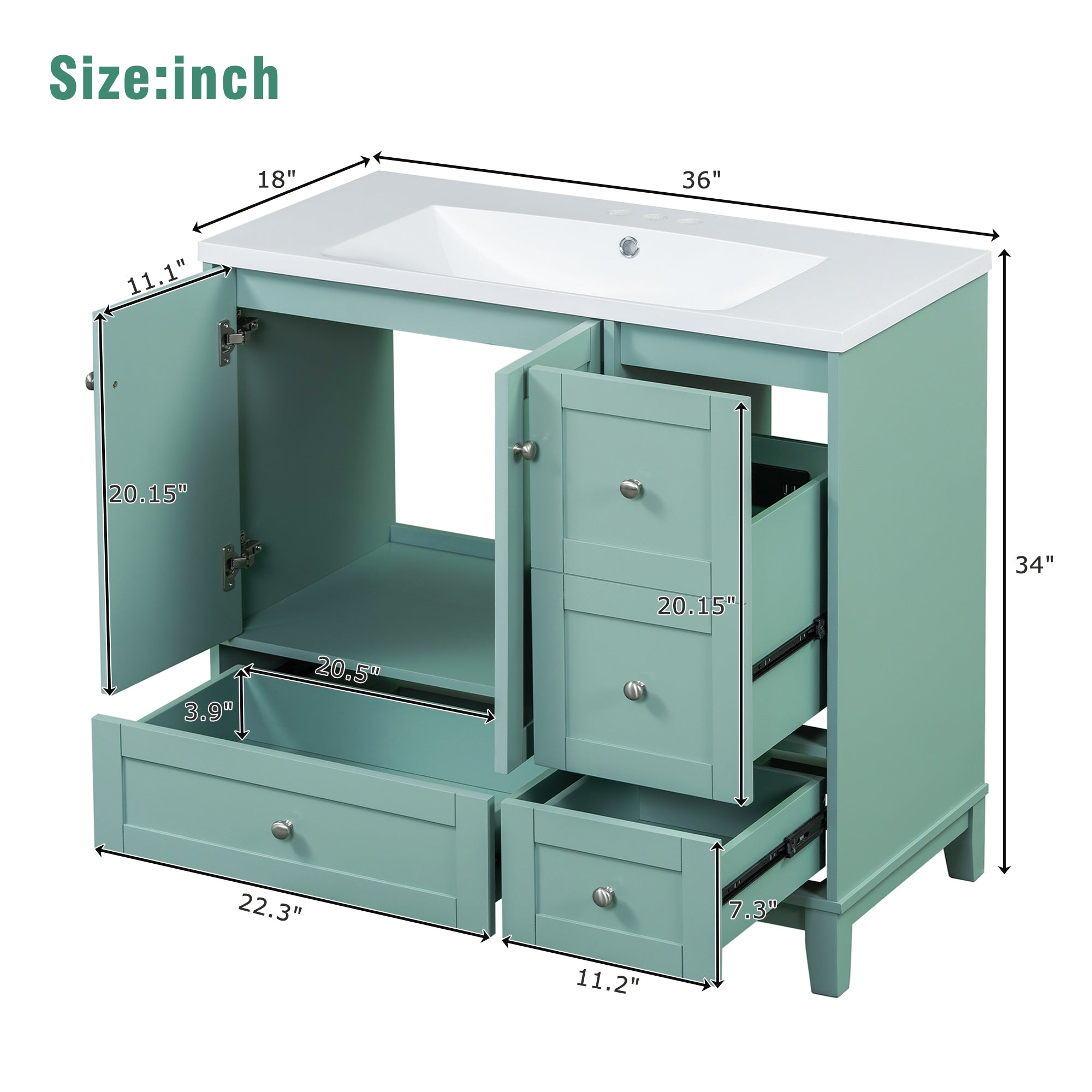 36 Inch Modern Bathroom Vanity with USB Charging, Two Doors and Three Drawers Bathroom Storage Vanity Cabinet, Small Bathroom Vanity cabinet with single sink , Green - Faucets Not Included