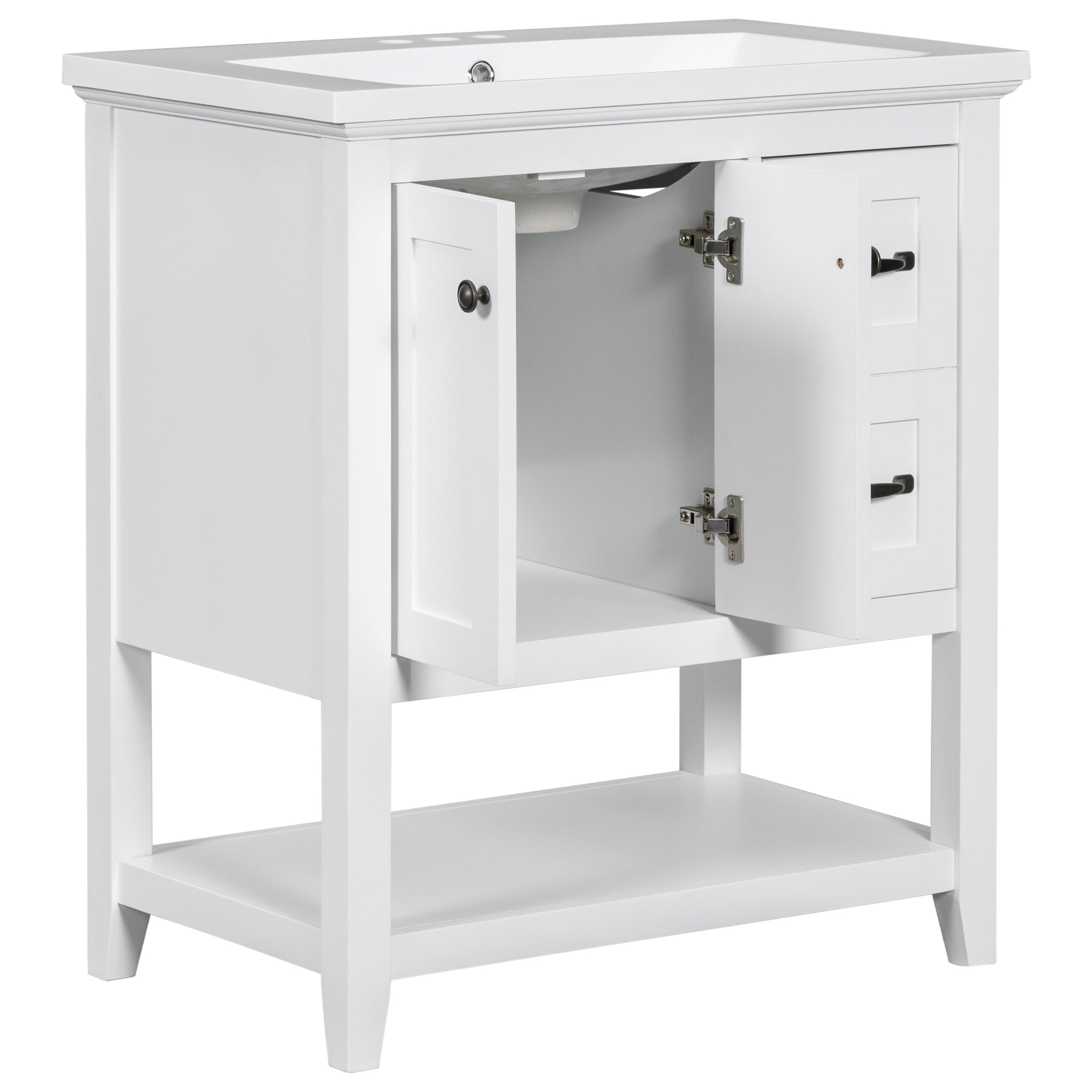 30" Bathroom Vanity with Ceramic Sink Top, Vanity Cabinet with Multi-Functional Drawer, Solid Wood Legs, White