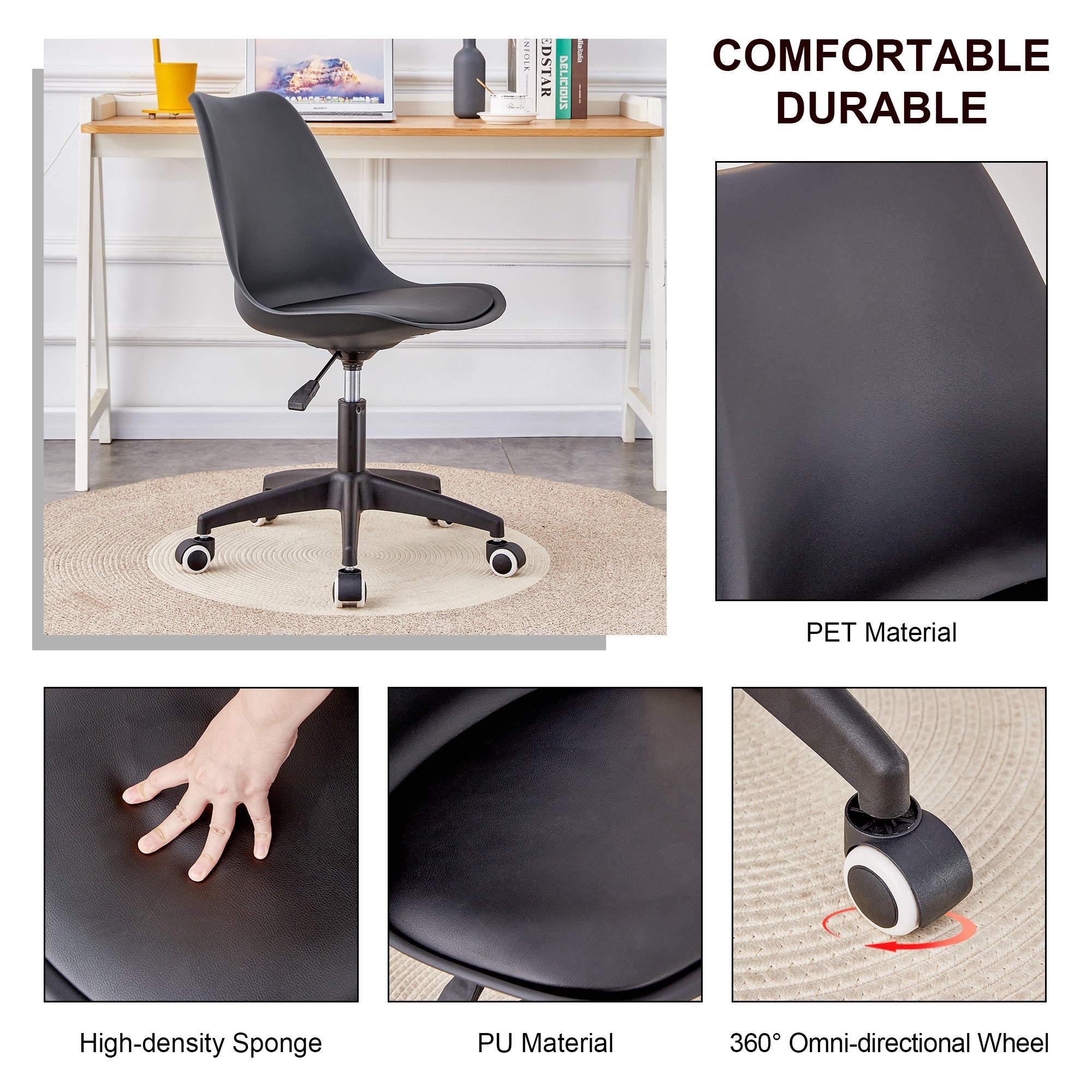 Modern family black Office chair, adjustable 360 ° swivel chair engineering plastic armless swivel computer chair, suitable for living room, bedroom, office, hotel dining room