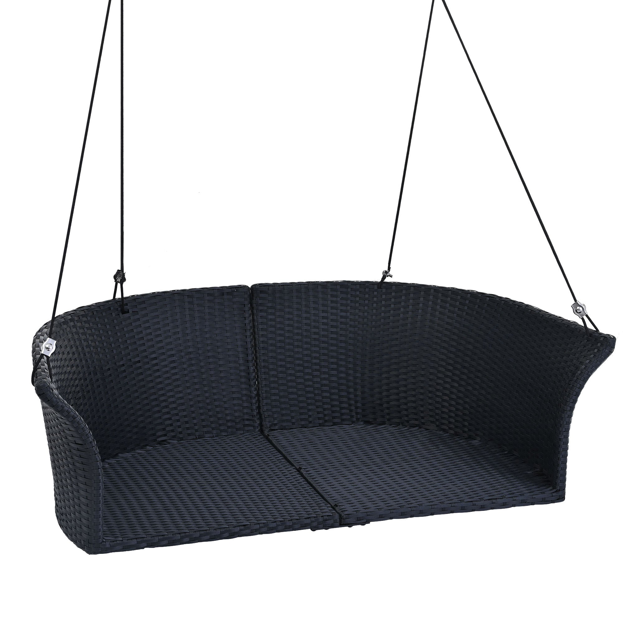 GO 51.9" 2-Person Hanging Seat, Rattan Woven Swing Chair, Porch Swing With Ropes, Black Wicker And White Cushion