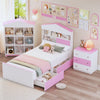 3-Pieces Bedroom Sets, Twin Size House-Shaped Wooden Bed with Storage Drawers, Nightstand with Colorblock Design and House-shaped Stroage Rack, Pink+White