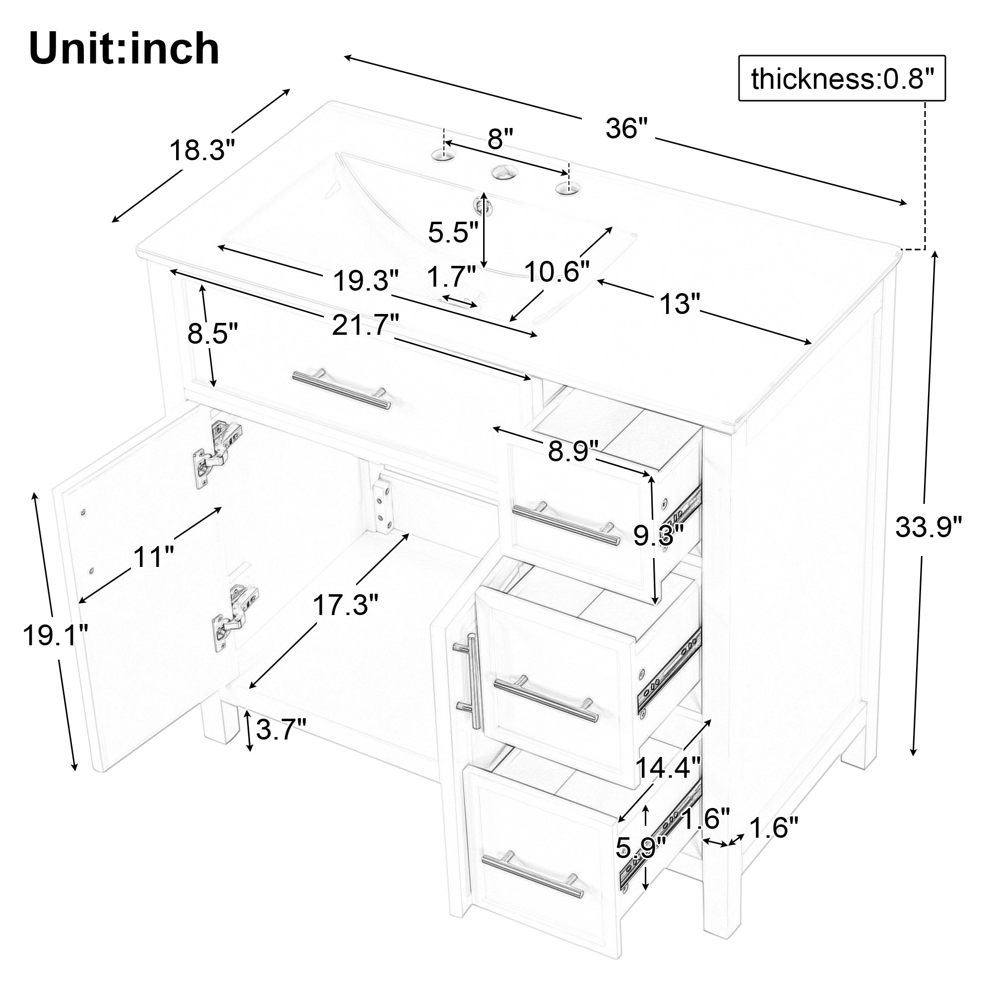 36" Bathroom Vanity with Sink Top, Bathroom Vanity Cabinet with Two Doors and Three Drawers, Solid Wood , MDF Boards ,One Package, Black