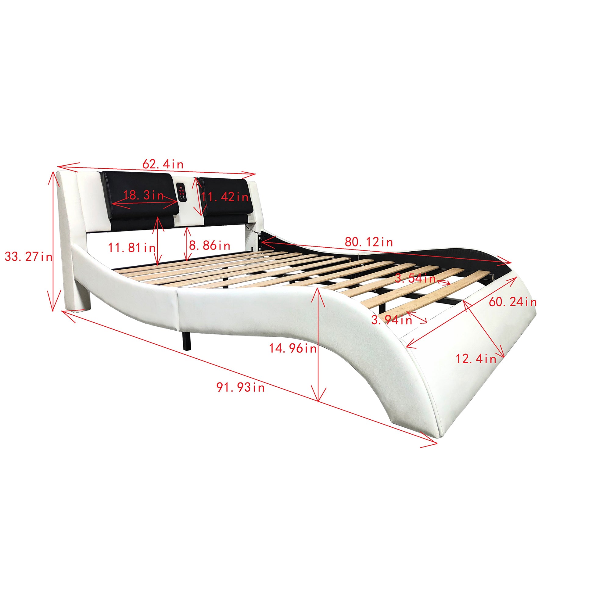 Faux Leather Upholstered Platform Bed Frame with led lighting, Bluetooth connection to play music control, Backrest vibration massage, Curve Design, Wood Slat Support, One-Carton Package, Queen