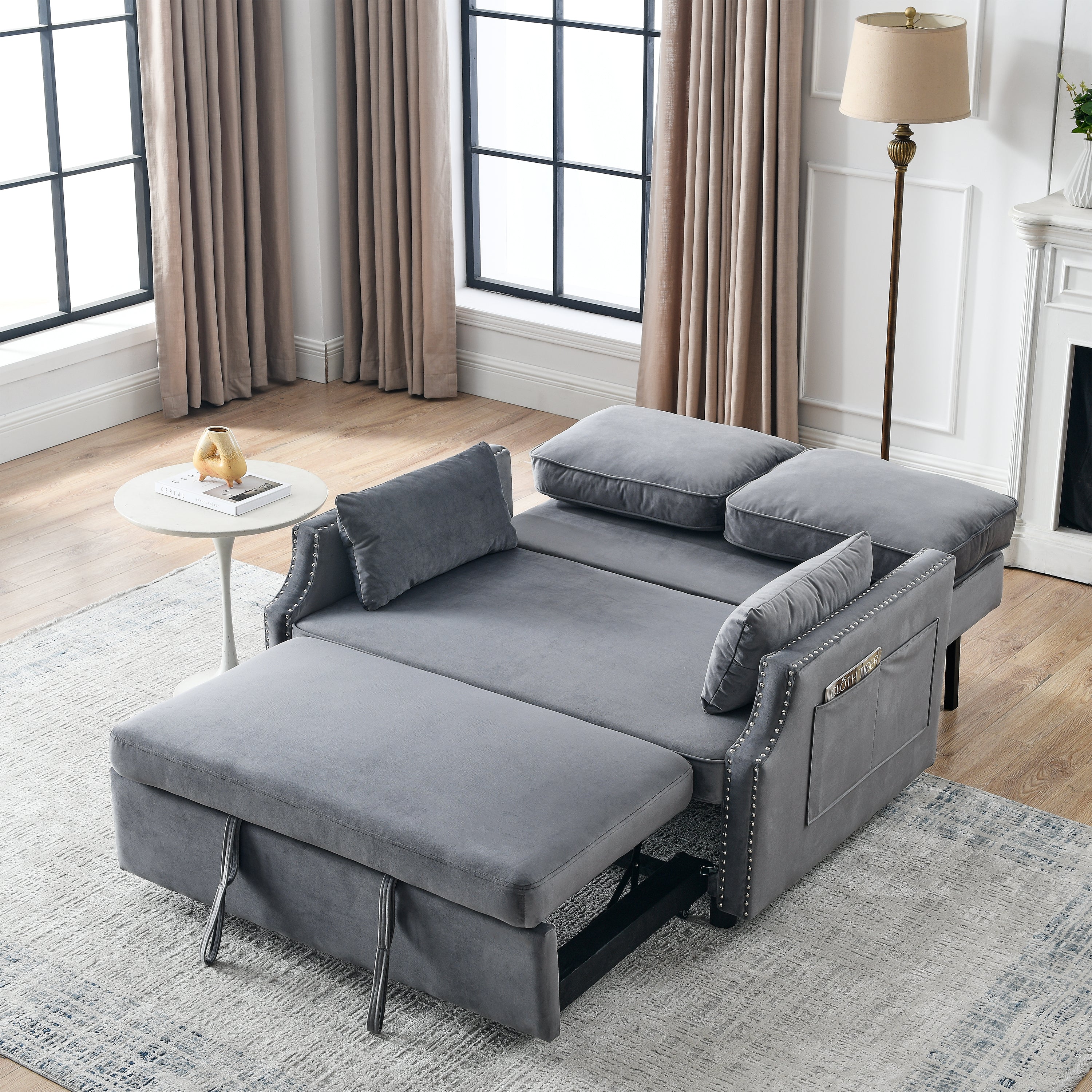 50" Velvet Upholstered Sleeper Sofa bed with Side Storage Pockets, Nailhead Design, 2-Seater Sofa with 2 Pillows and removeable Backrest Pull-out Sofa Bed for Small Spaces in Living Rooms, Apartm