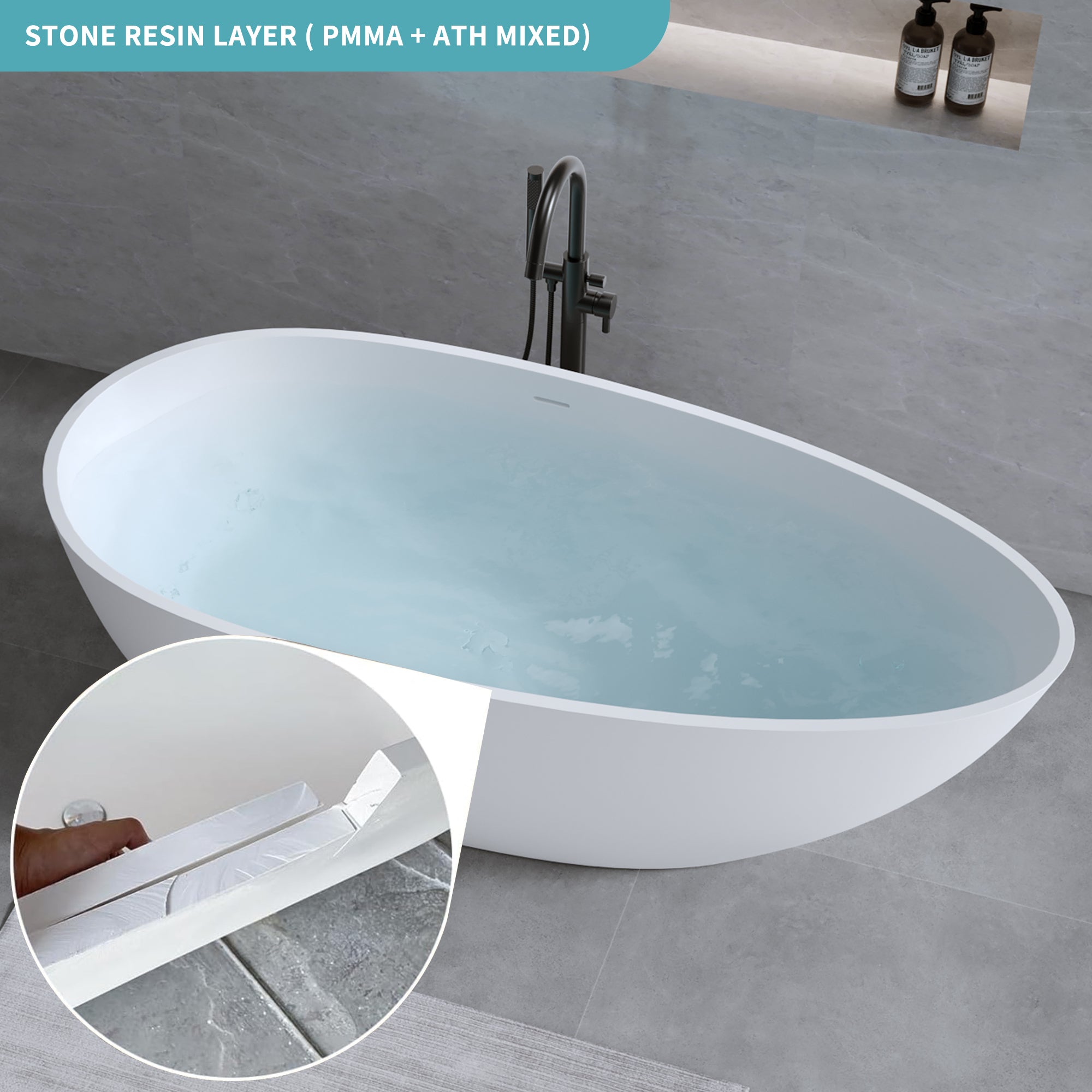 59'' Solid Surface Matte Tub, Freestanding Solid Surface Resin Stone Bathtub, Solid Surface Matte White Soaking Tub,Free Standing Tub with Overflow and Pop-up Drain, Matte White