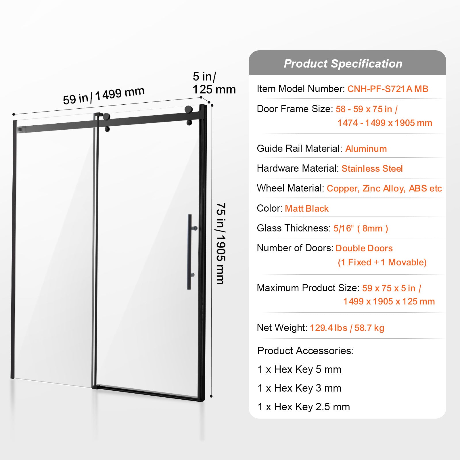 58-59 x 75 in Frameless Sliding Shower Door - 58-59 x 75 in / Matte Black view 4