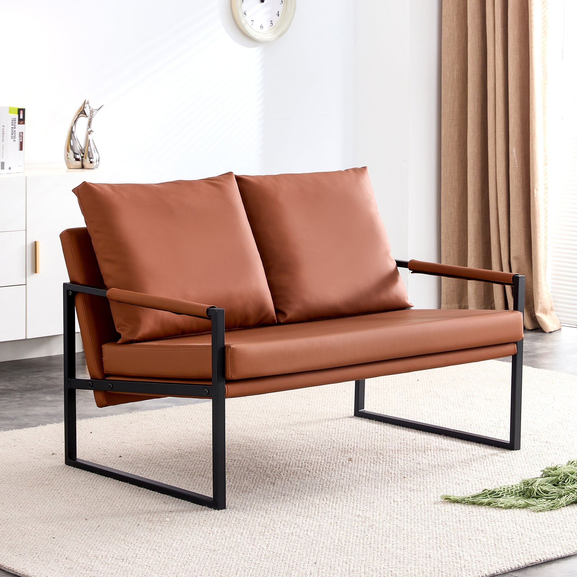 Modern Two-Seater Sofa Chair with 2 Pillows - PU Leather, High-Density Foam, Black Coated Metal Frame.Brown  SF-D008