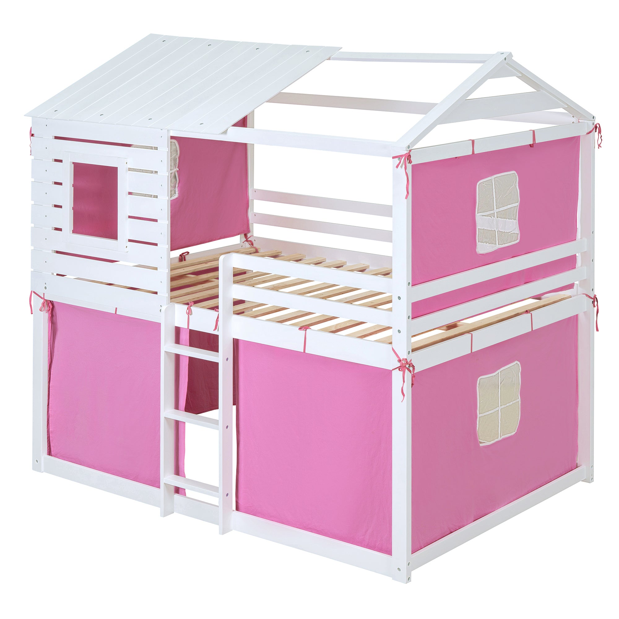 Full Size Bunk Wood House Bed with Tent, Pink+White