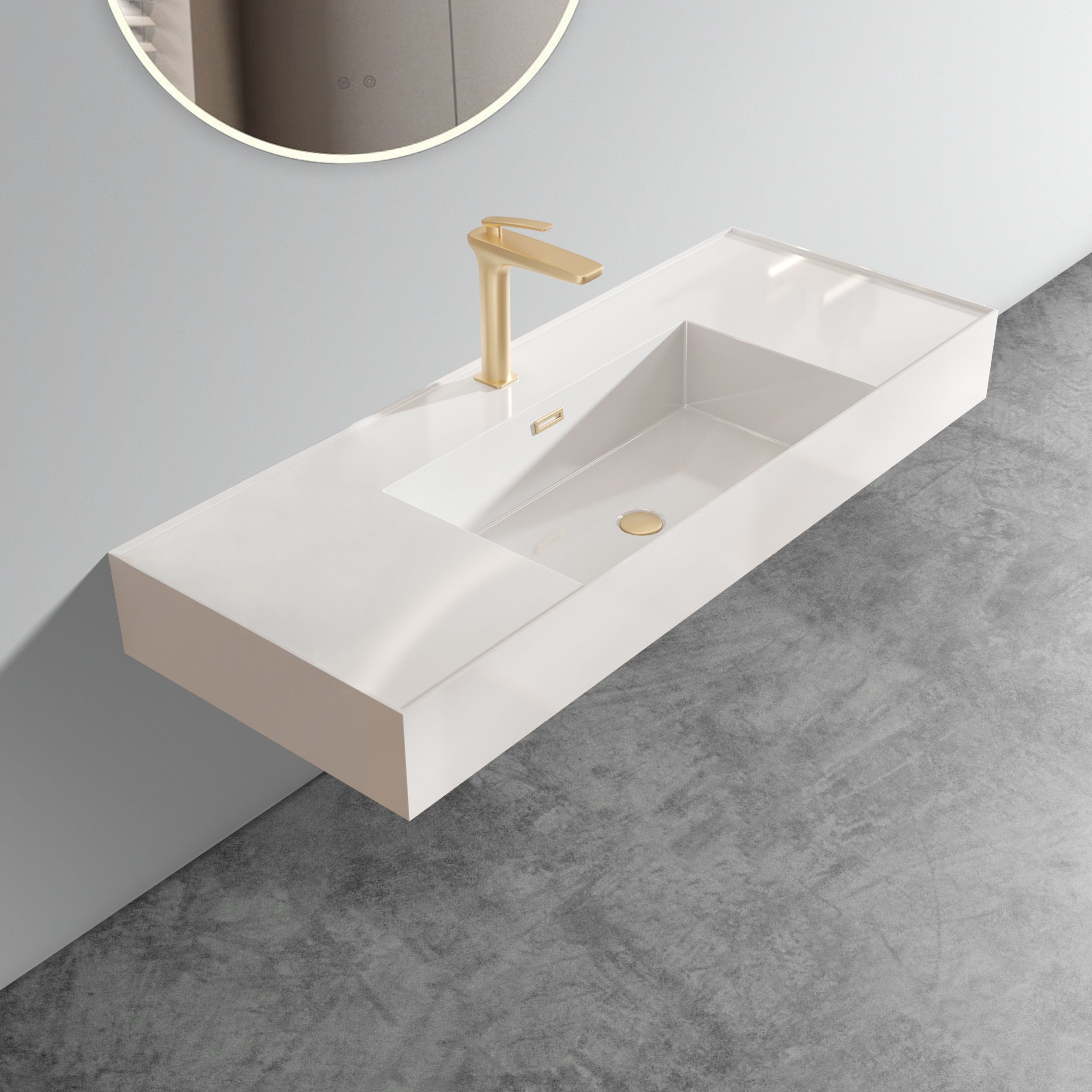 BB0648Y101, Integrated glossy white solid surface basin with one predrilled faucet hole, faucet and drain assembly NOT included