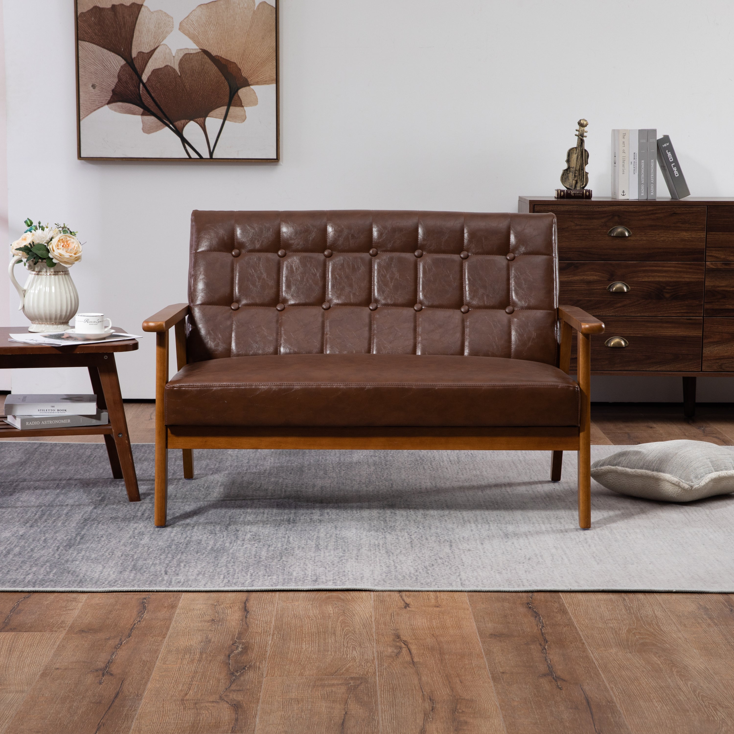 COOLMORE Mid-Century Modern Solid Loveseat Sofa Upholstered Pu Leather Loveseat, 2-Seat Upholstered Loveseat Sofa Modern Couch