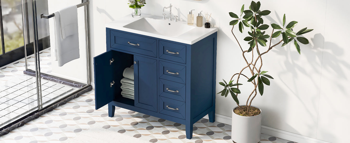 36" Bathroom Vanity with Sink Combo, Blue Bathroom Cabinet with Drawers, Solid Frame and MDF Board