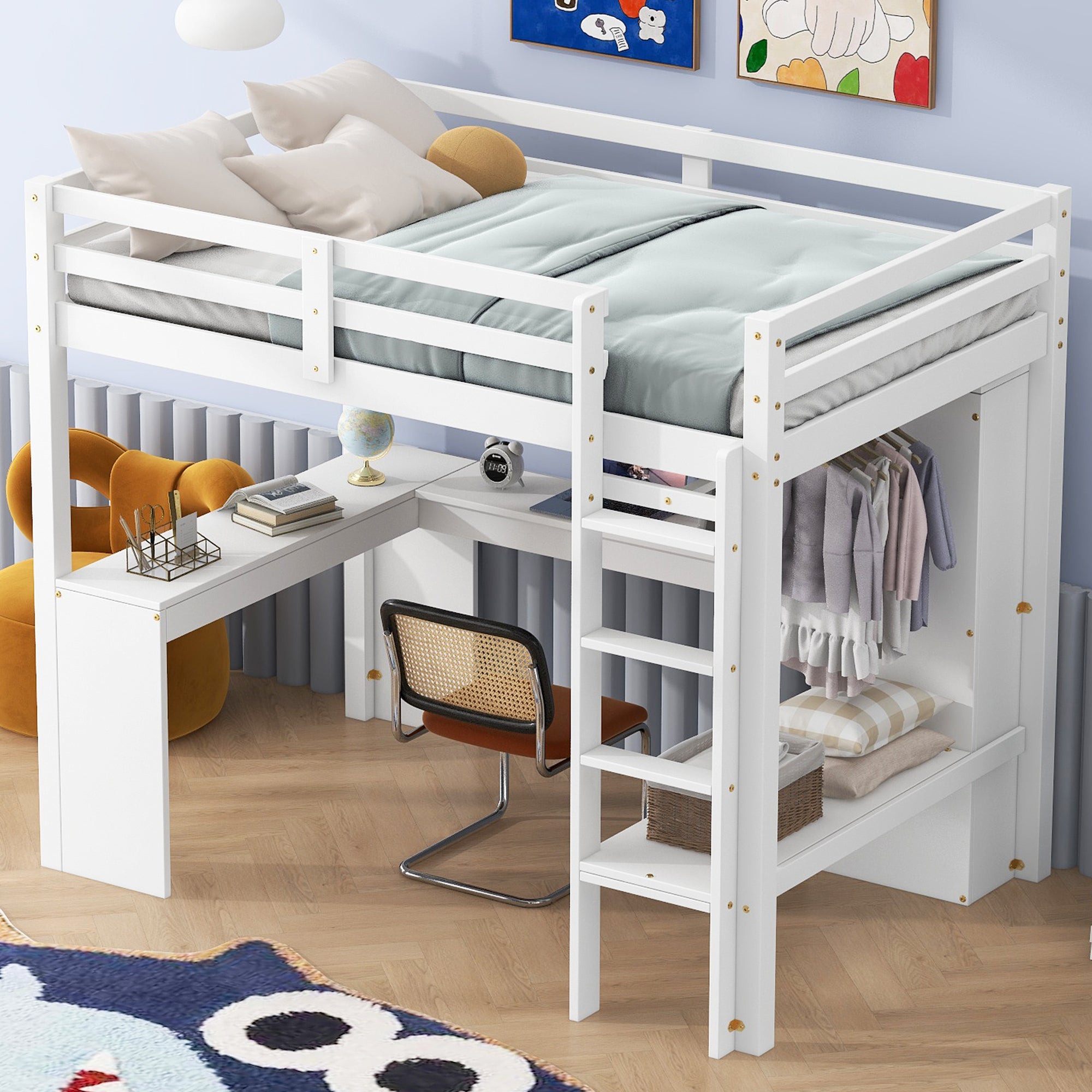 Twin Size Loft Bed with L-shaped Desk, Wardrobe and Storage Shelves, White