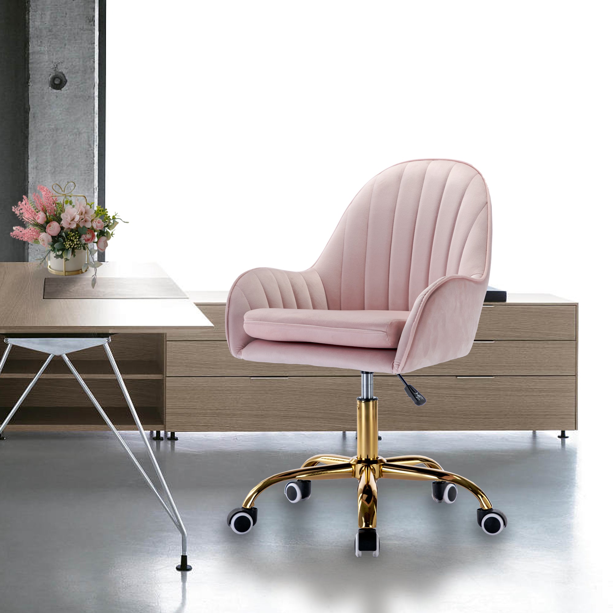 Velvet Home Office Chair with Wheels, Cute Chair with Side Arms and Gold Metal Base for Living Room, Bedroom,and Vanity Room,Bling Desk Nail Desk for Women,Adjustable Height,Pink