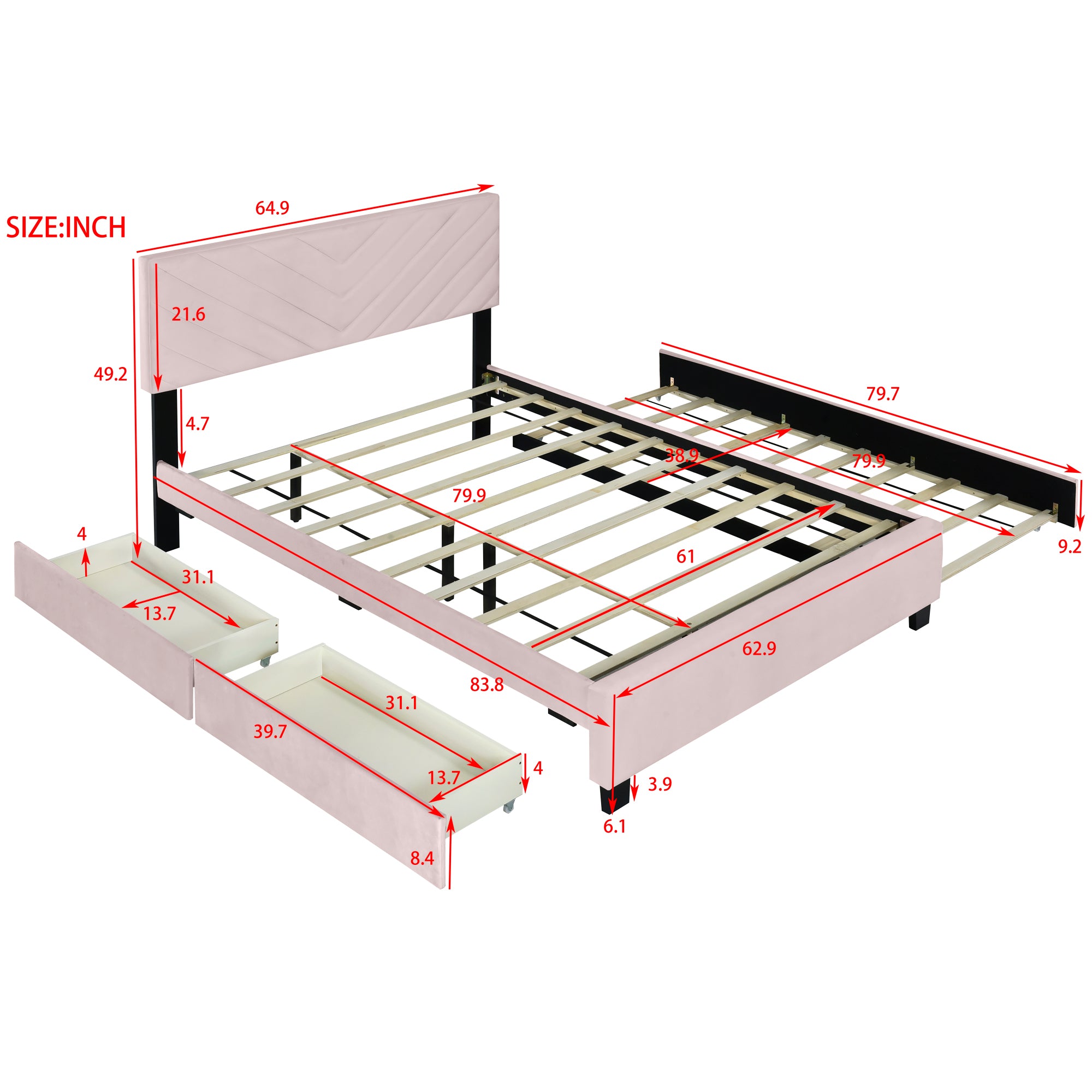 Queen Size Upholstered Platform Bed with Twill Headboard, Pullout Bed and Two Drawers, Flannel,Pink