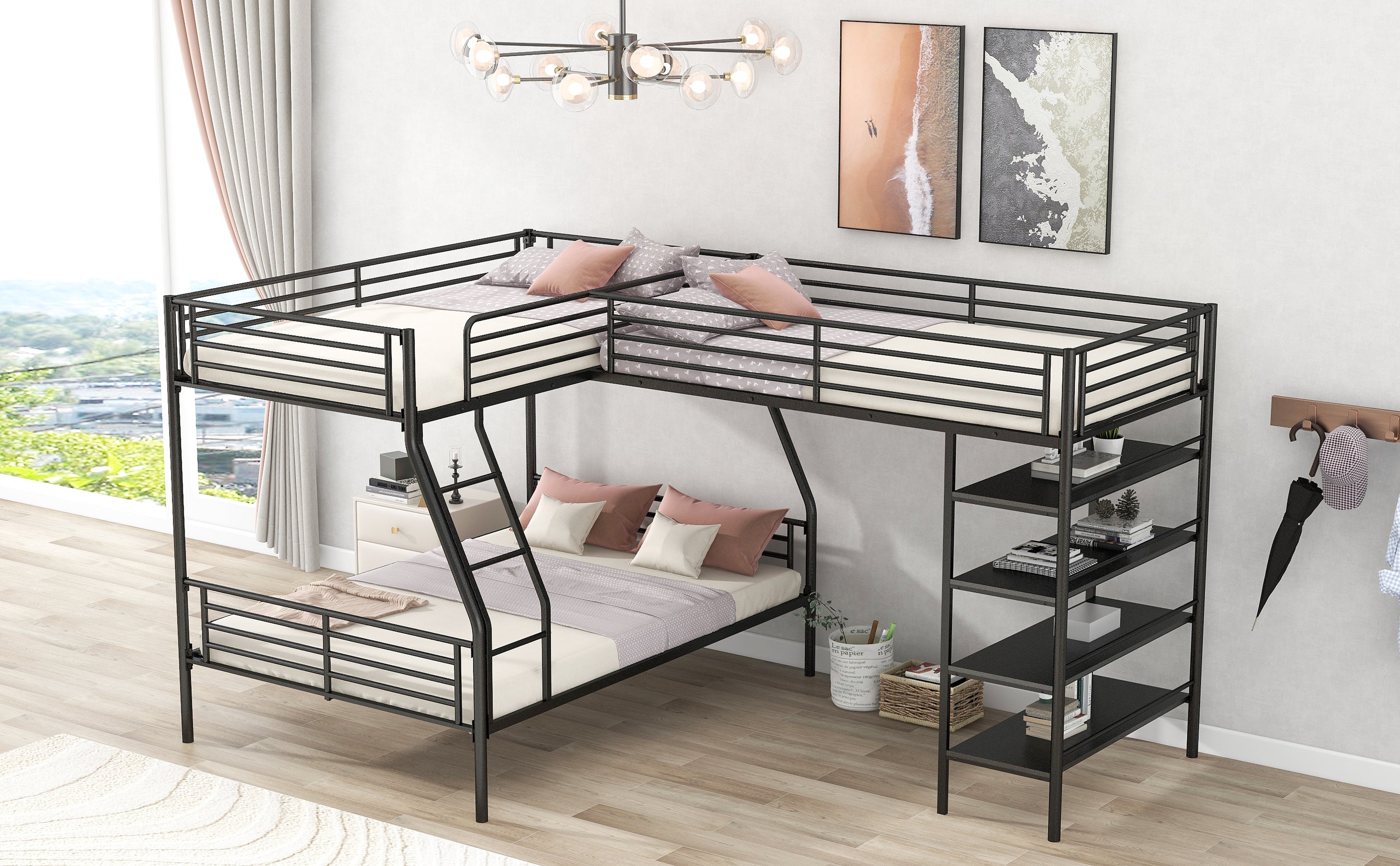 L-Shaped Metal Twin over Full Bunk Bed and Twin Size Loft Bed with Four Built-in Shelves,Black