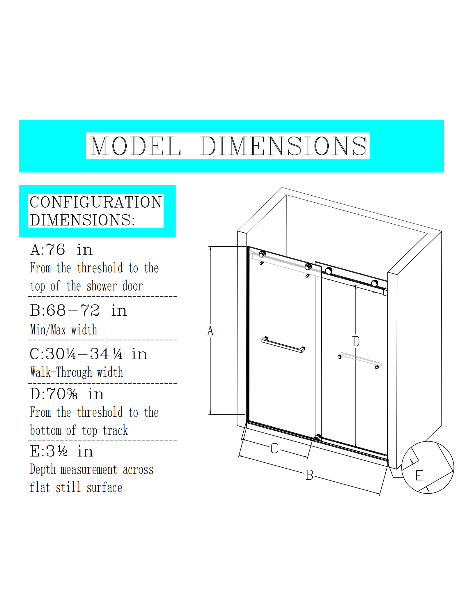 68-72"W x 76"H  Frameless Double Sliding Soft-Close Shower Door, 3/8 inches (10mm) Thick SGCC Tempered Glass Door,  Matte Black