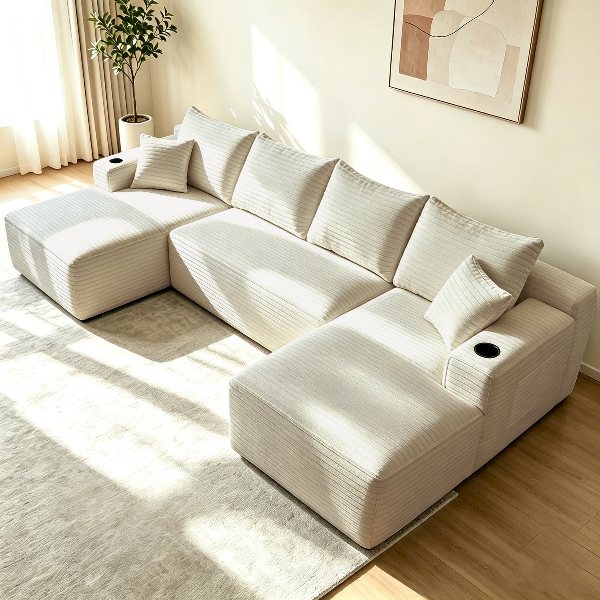 Beige U-shape sectional sofa, chaise layout, room setting
