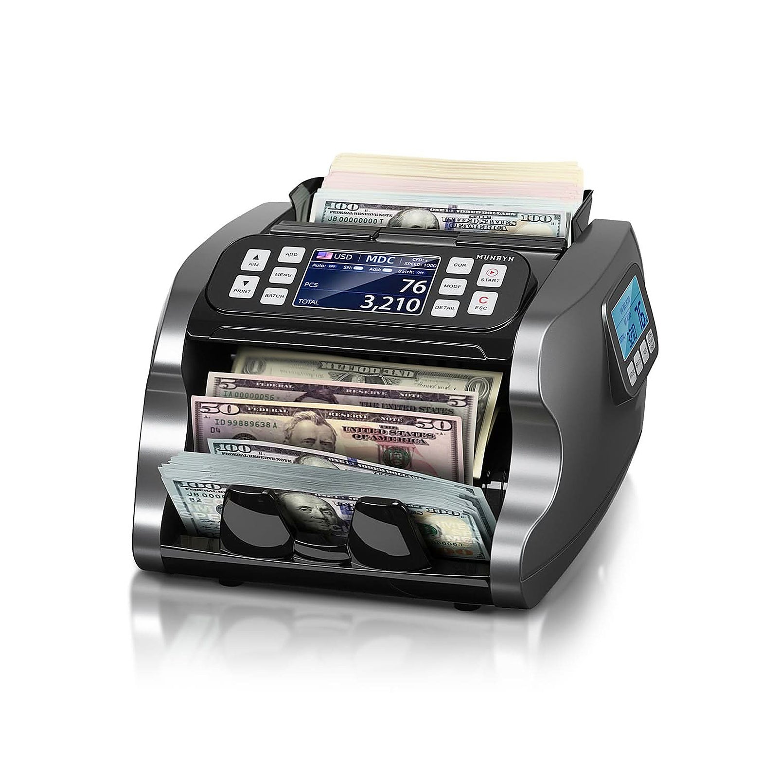 MUNBYN IMC22 black mixed-denomination money counter front view