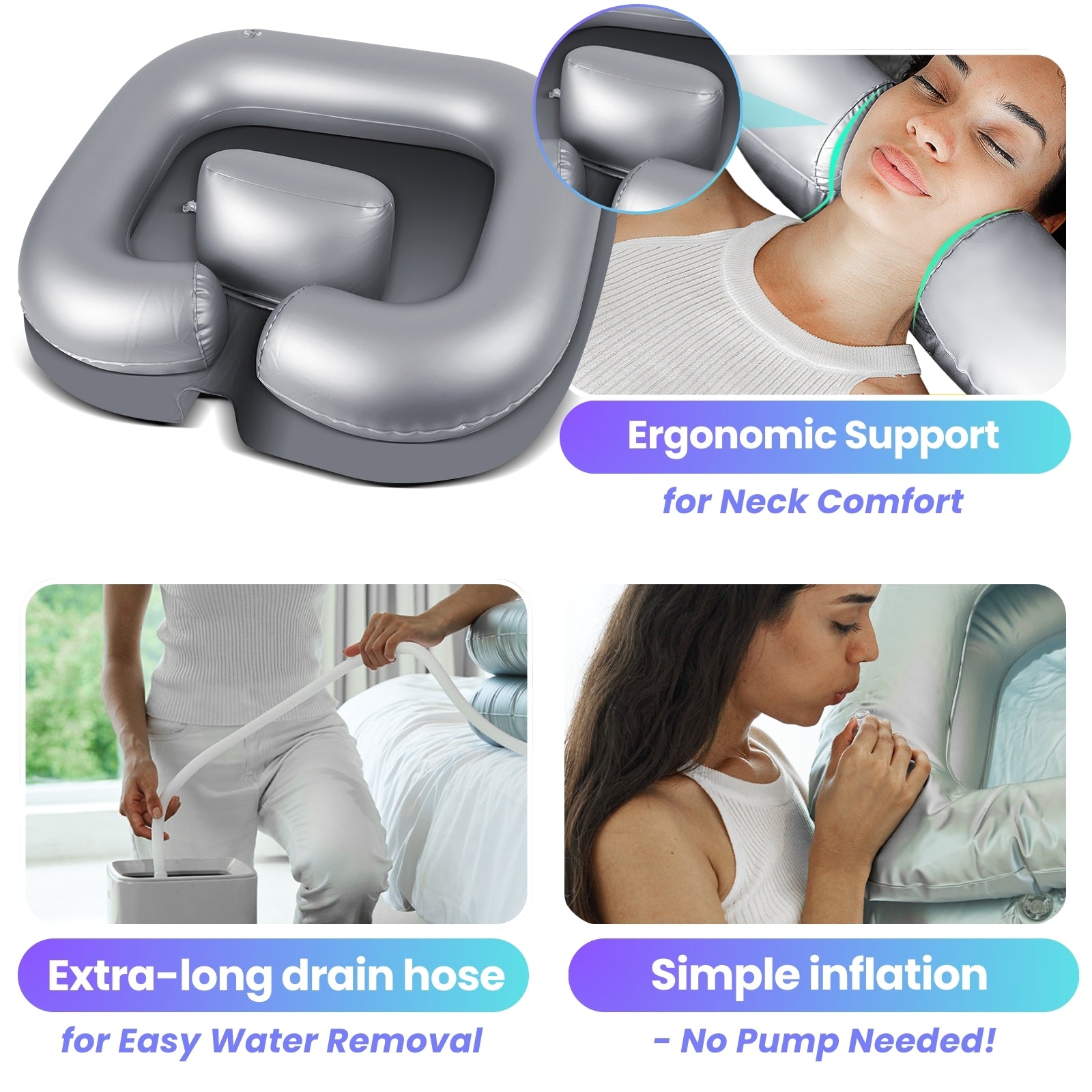 Efforest Inflatable Shampoo Basin, Portable Shampoo Bowl, Hair Washing Basin for Bedridden. Portable Sink for Washing Hair with Neck Support & Drain Hose - Perfect for All Types of Hairs in Bed