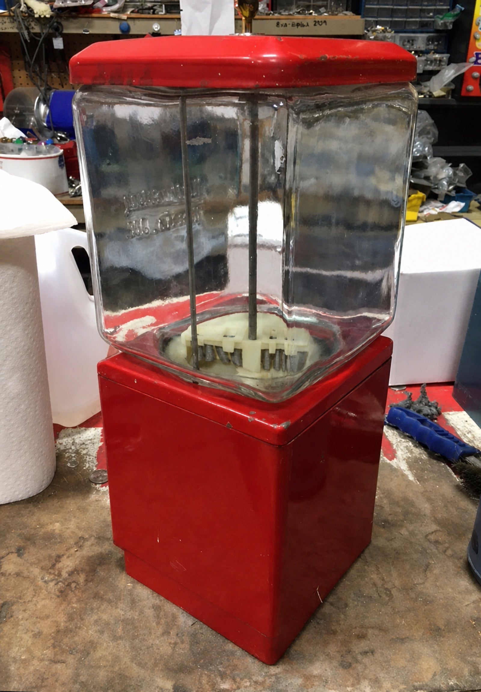 Northwestern Model 60 style glass gumball machine rear three-quarter view