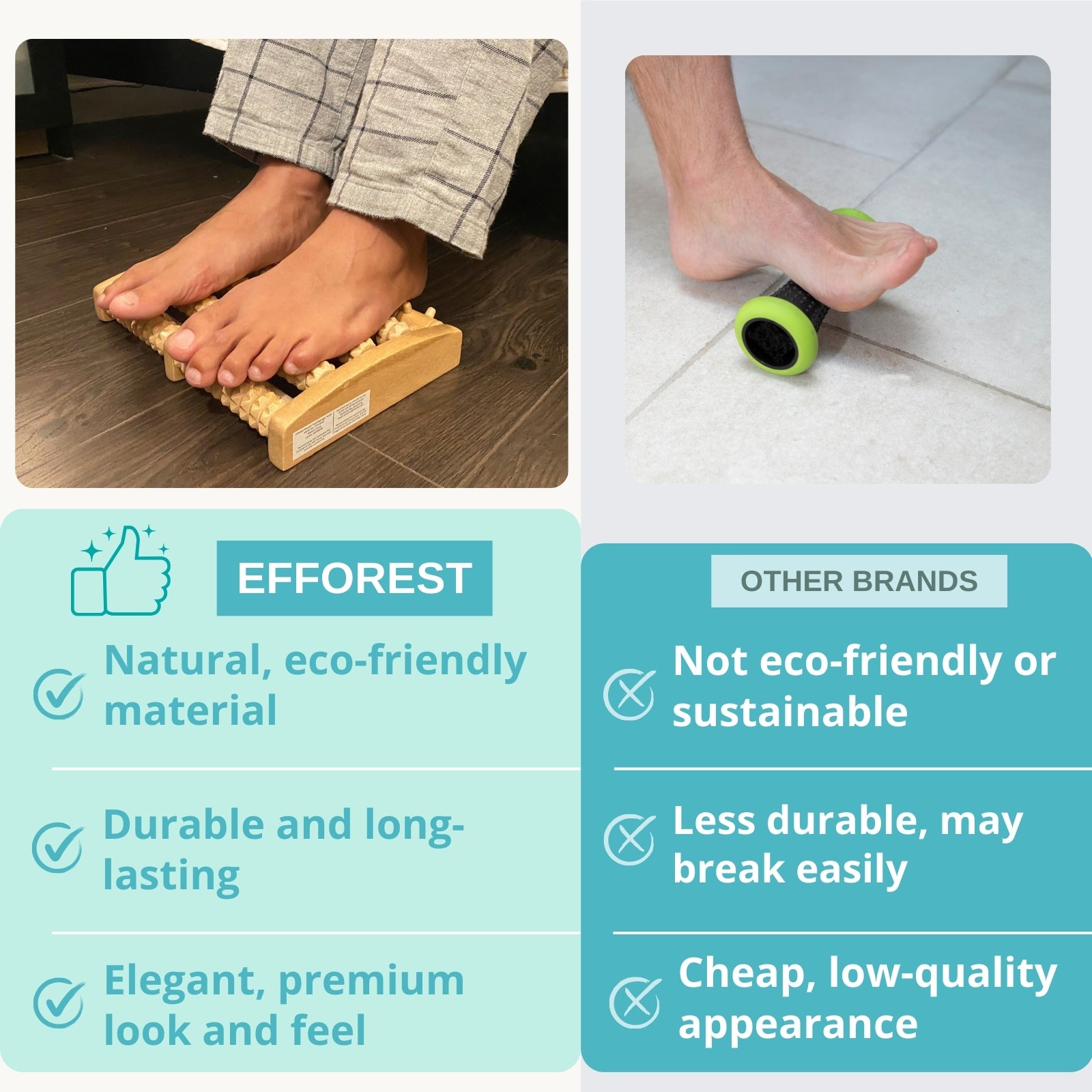 Efforest Wooden Foot Massager Roller with Acupressure and Reflexology Nubs - Plantar Fasciitis Relief, Foot Pain Massage, Diabetic Neuropathy, Heel Arch - Relaxation Gift for Women, Men