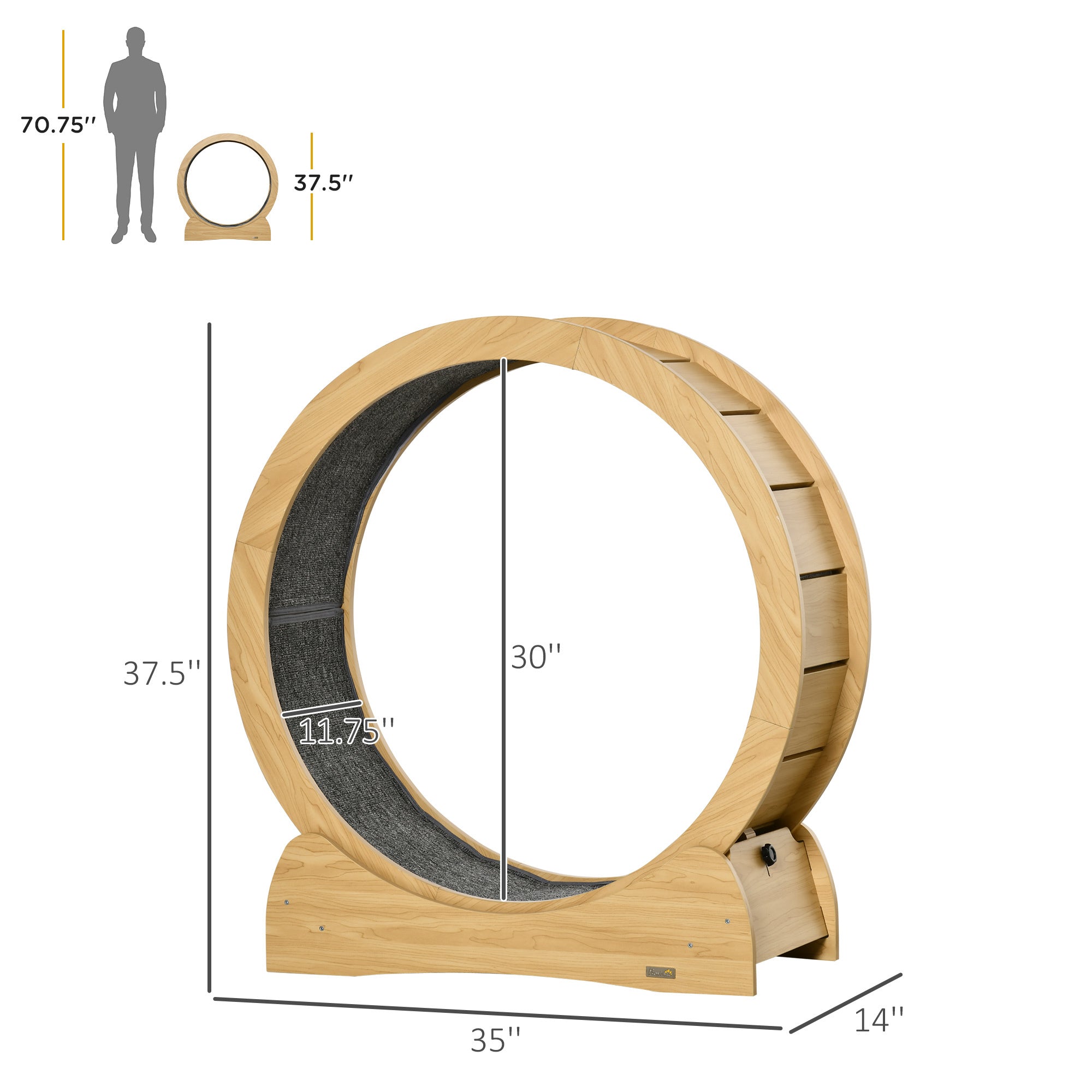 PawHut Cat Exercise Wheel Treadmill with Natural Wood Grain, Cat Spinning Wheel Exerciser for Longer Lifespan, Cat Running Wheel with Brake