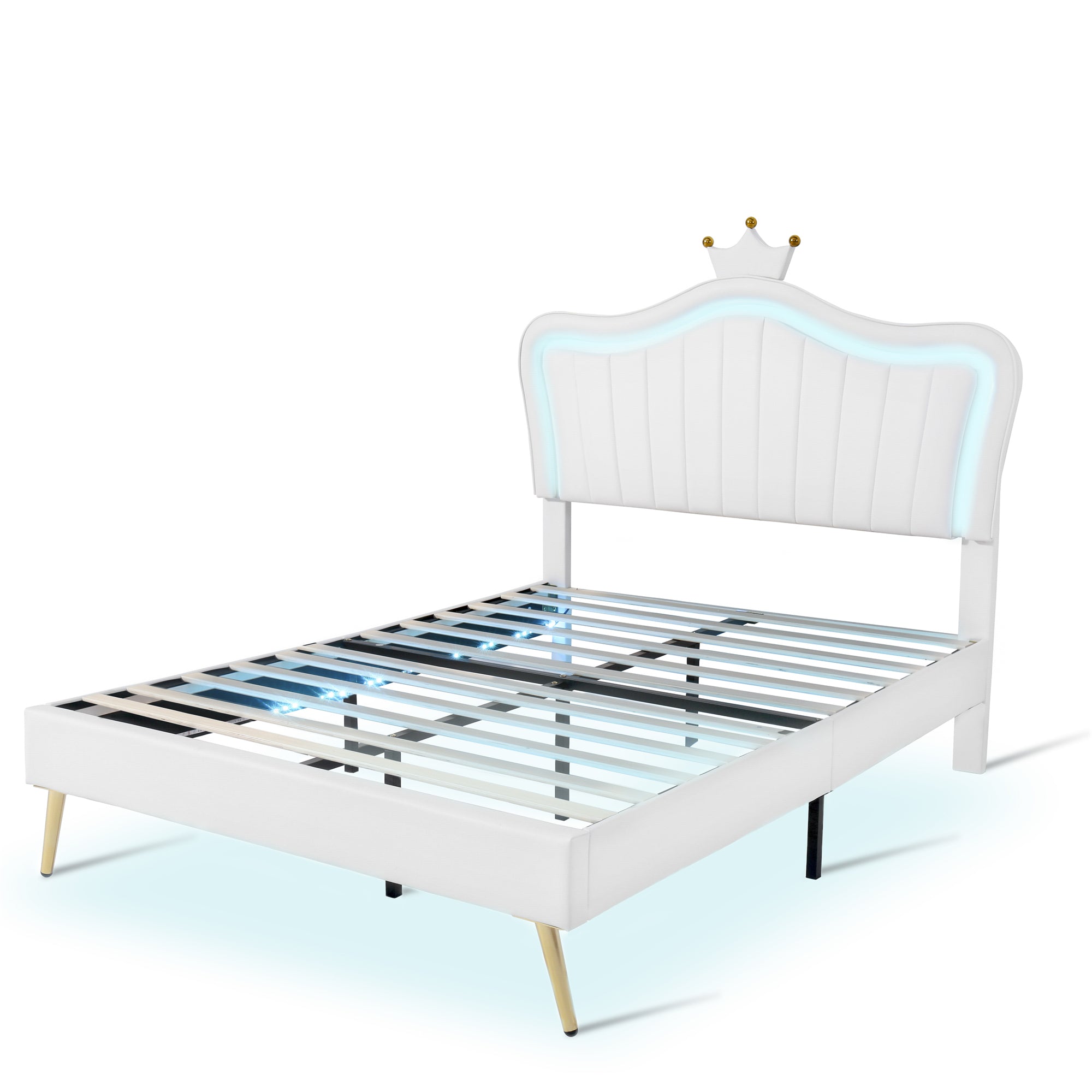 Full Size Upholstered Bed Frame with LED Lights,Modern Upholstered Princess Bed With Crown Headboard,White