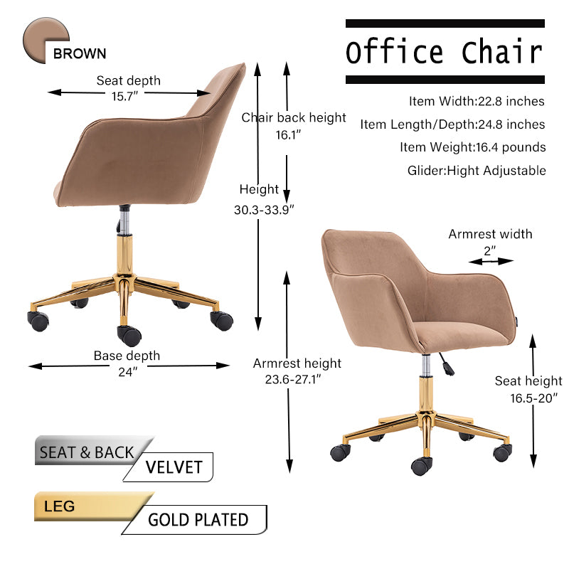 002-Velvet Fabric Adjustable Height 360 revolving Home Office Chair with Gold Metal Legs and Universal Wheels for Indoor,Light Coffee