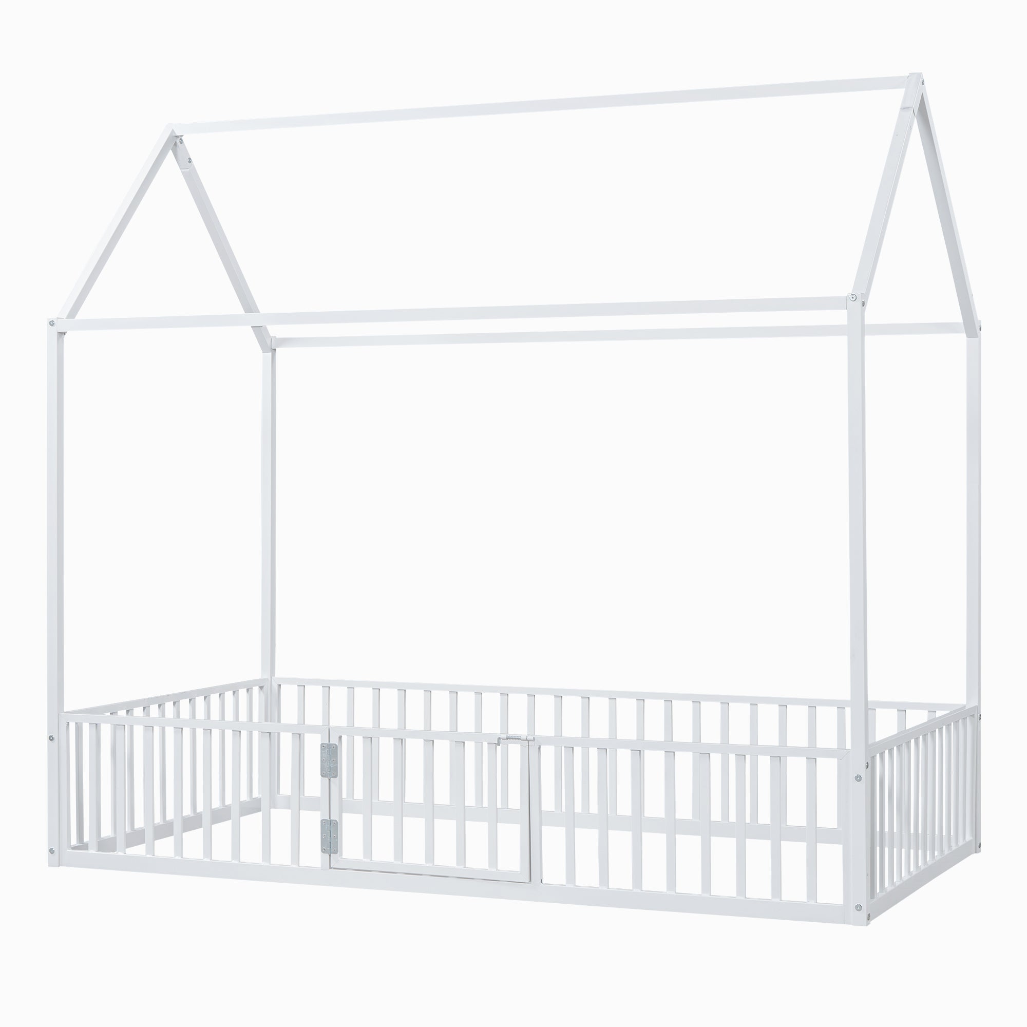 Twin Size Metal House Bed with Fence and Door, White