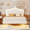 Full Size Upholstered Bed Frame with LED Lights,Modern Upholstered Princess Bed With Crown Headboard,White