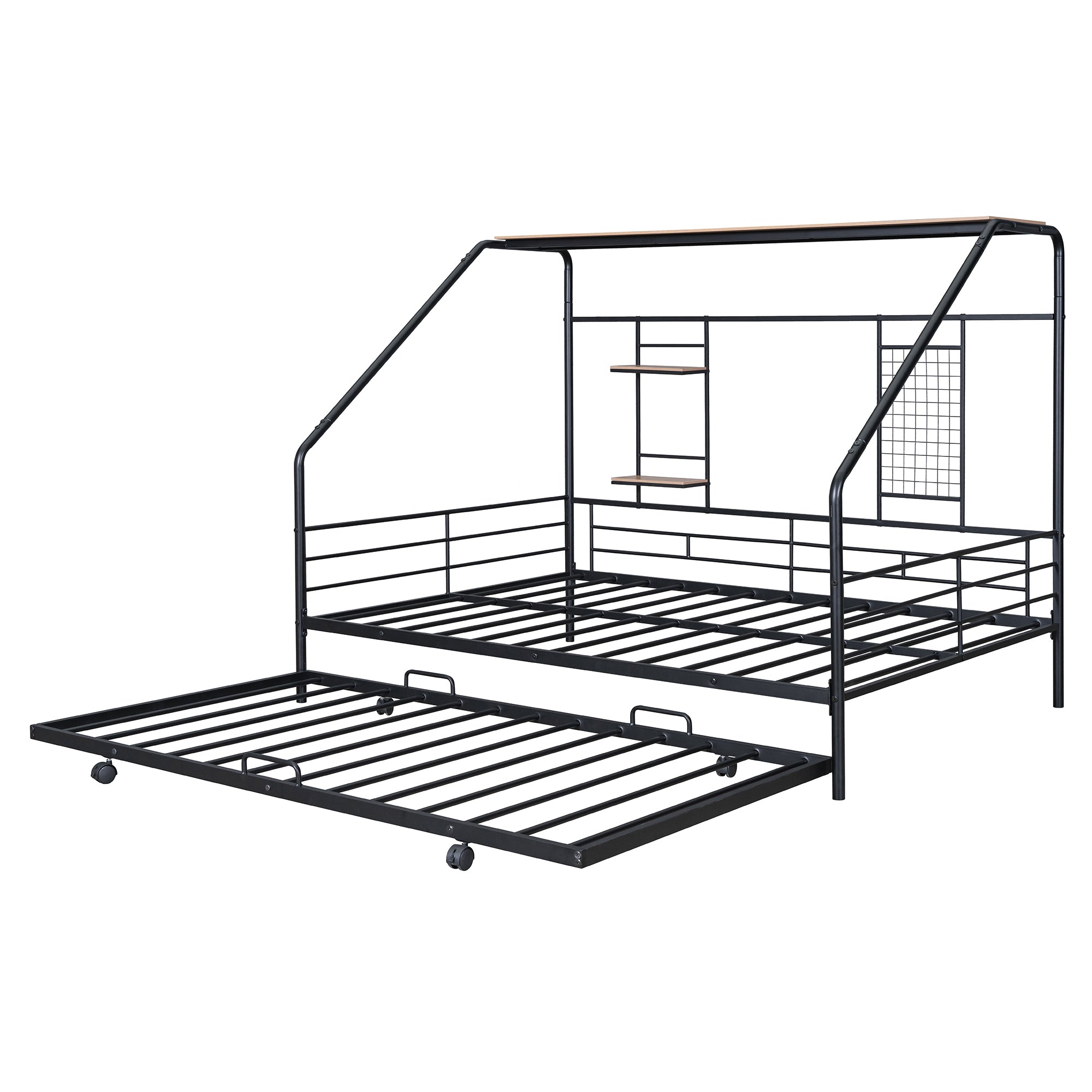 Full Size Metal House Bed with Trundle, Black