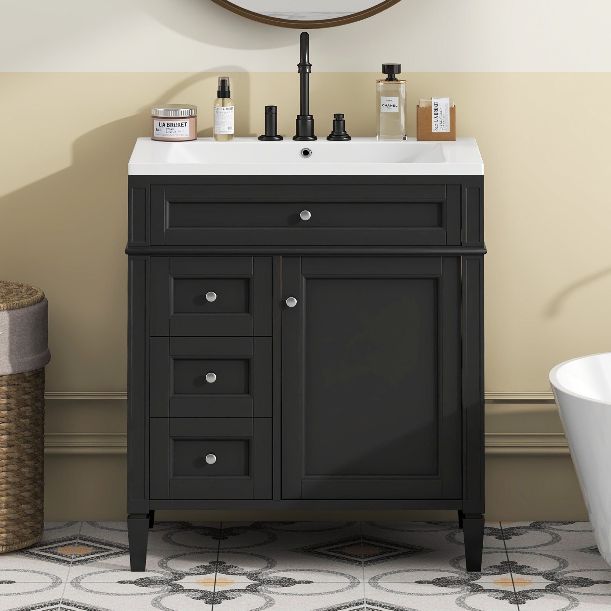 30'' Bathroom Vanity with Top Sink, Modern Bathroom Storage Cabinet with 2 Drawers and a Tip-out Drawer, Single Sink Bathroom Vanity