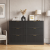 Modern black 6-drawer dresser, front view with wavy-pattern drawer panels