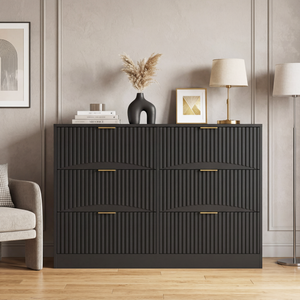 Modern black 6-drawer dresser, front view with wavy-pattern drawer panels