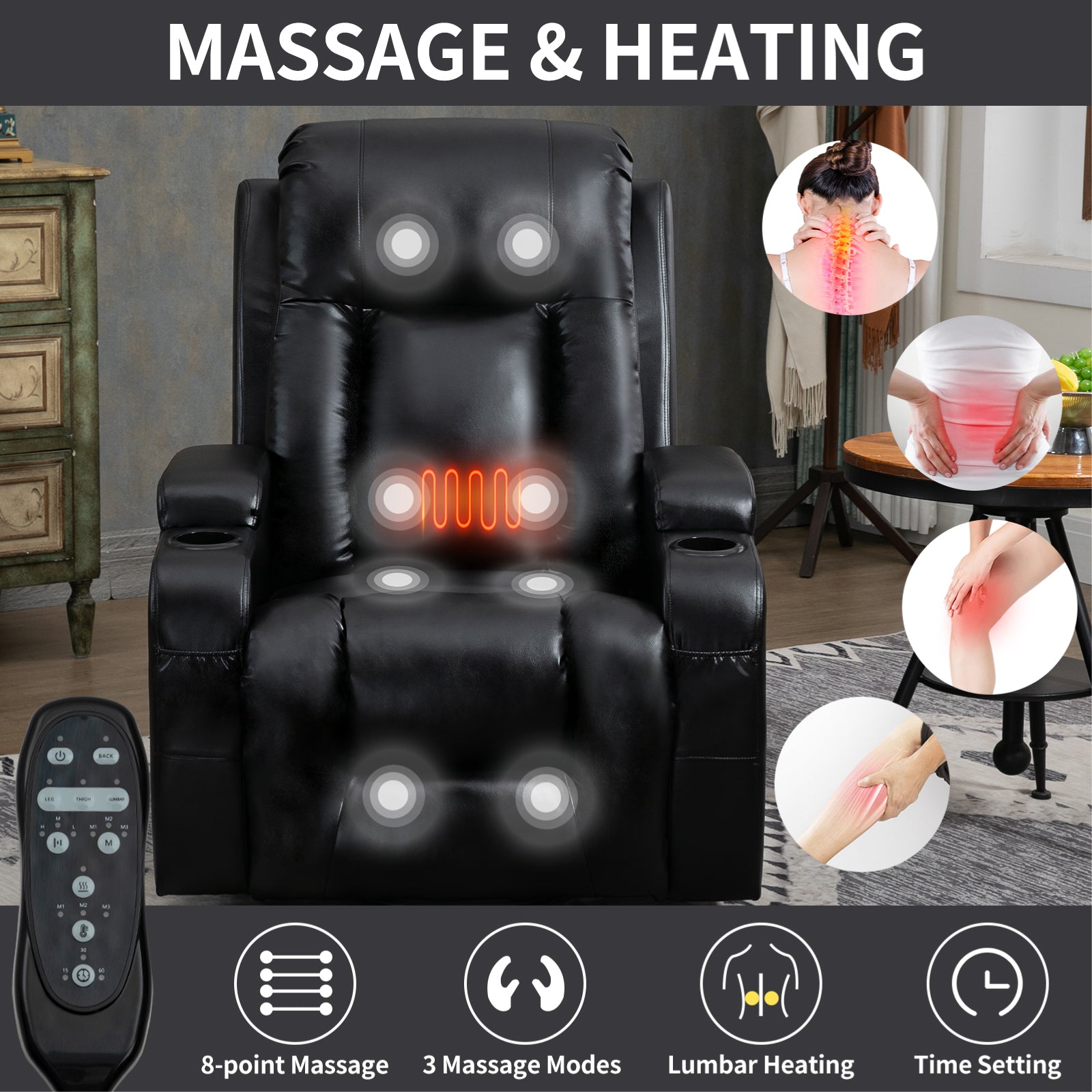 Infinite Position Up to 350 LBS Power Lift Recliner Chair for Elderly, Heavy Duty Motion Mechanism with 8-Point Vibration Massage and Lumbar Heating, USB Charging Port, Cup Holders, Black