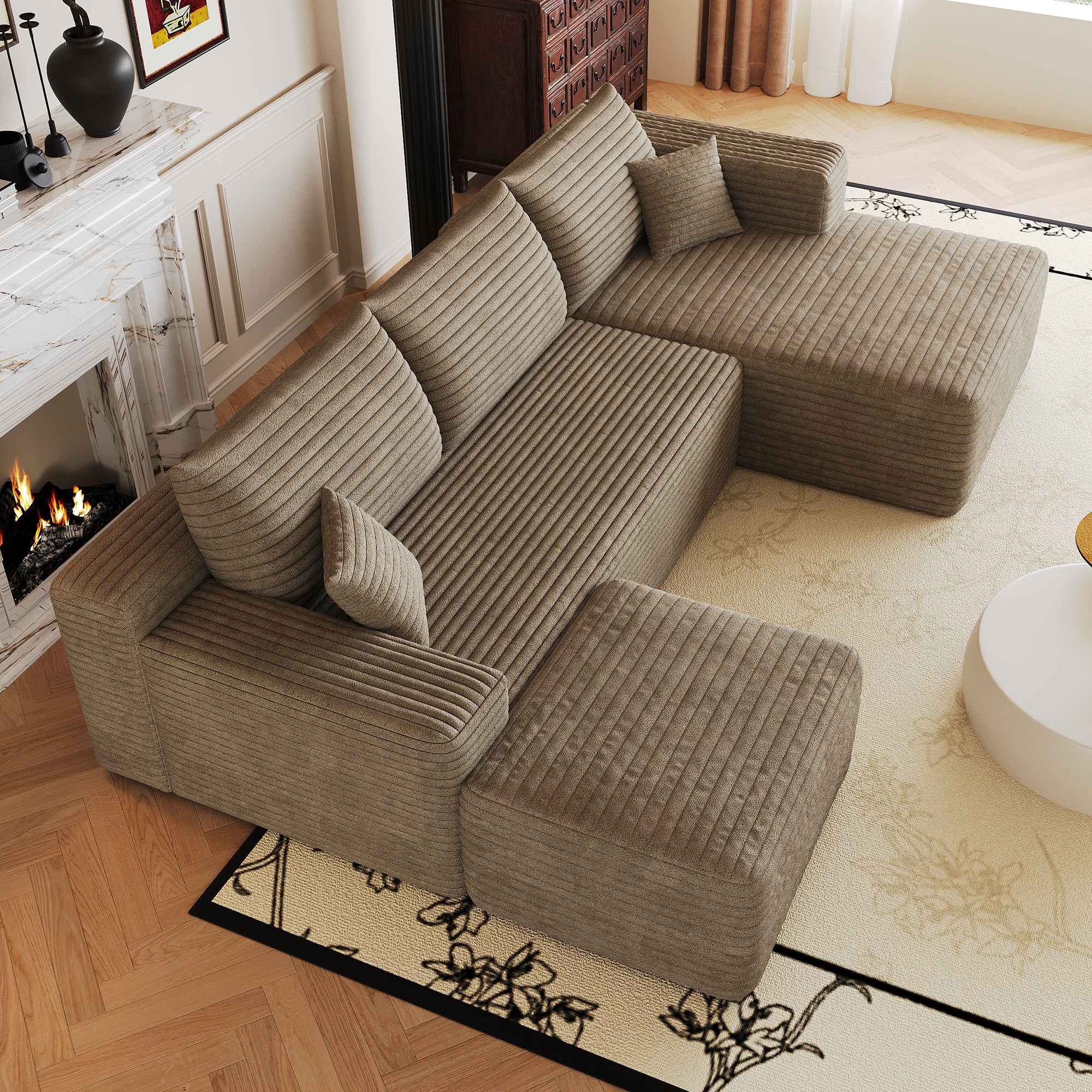 Camel corduroy L-shaped sectional sofa corner seat close view