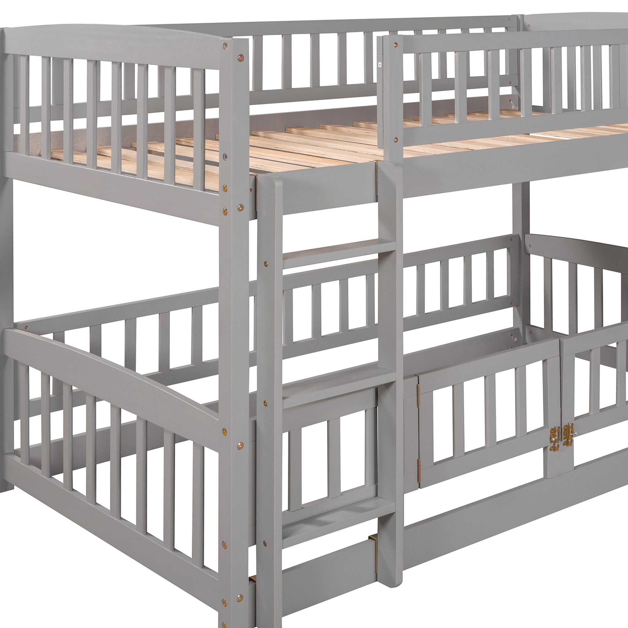 Bunk Bed with Slide,Twin Over Twin Low Bunk Bed with Fence and Ladder for  Kids Teens Grey