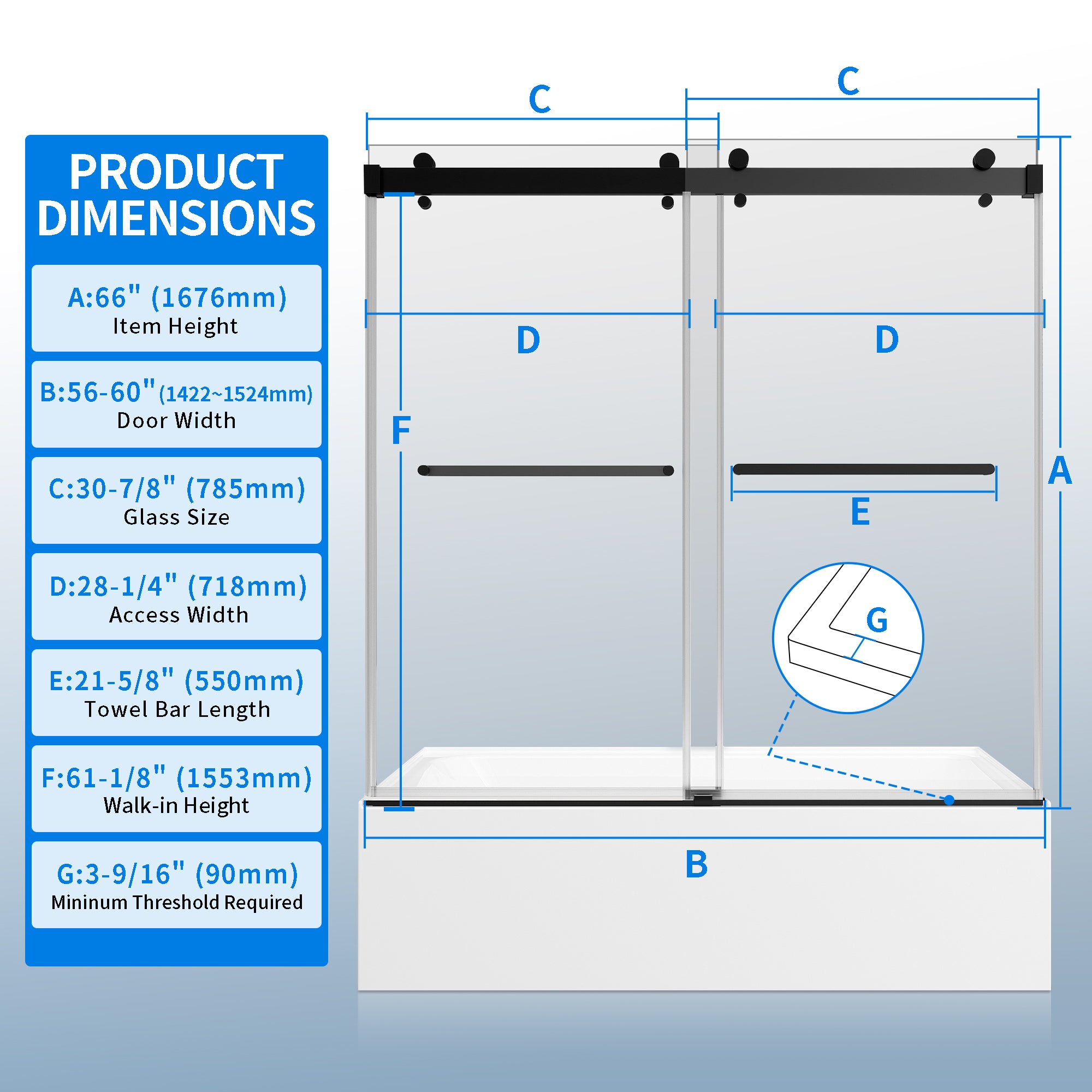 56" - 60" W × 66" H Double Sliding Framless Soft-Close Tub Door With 3/8 inches (10mm) Tempered Safety Glass, Matte Black Finish