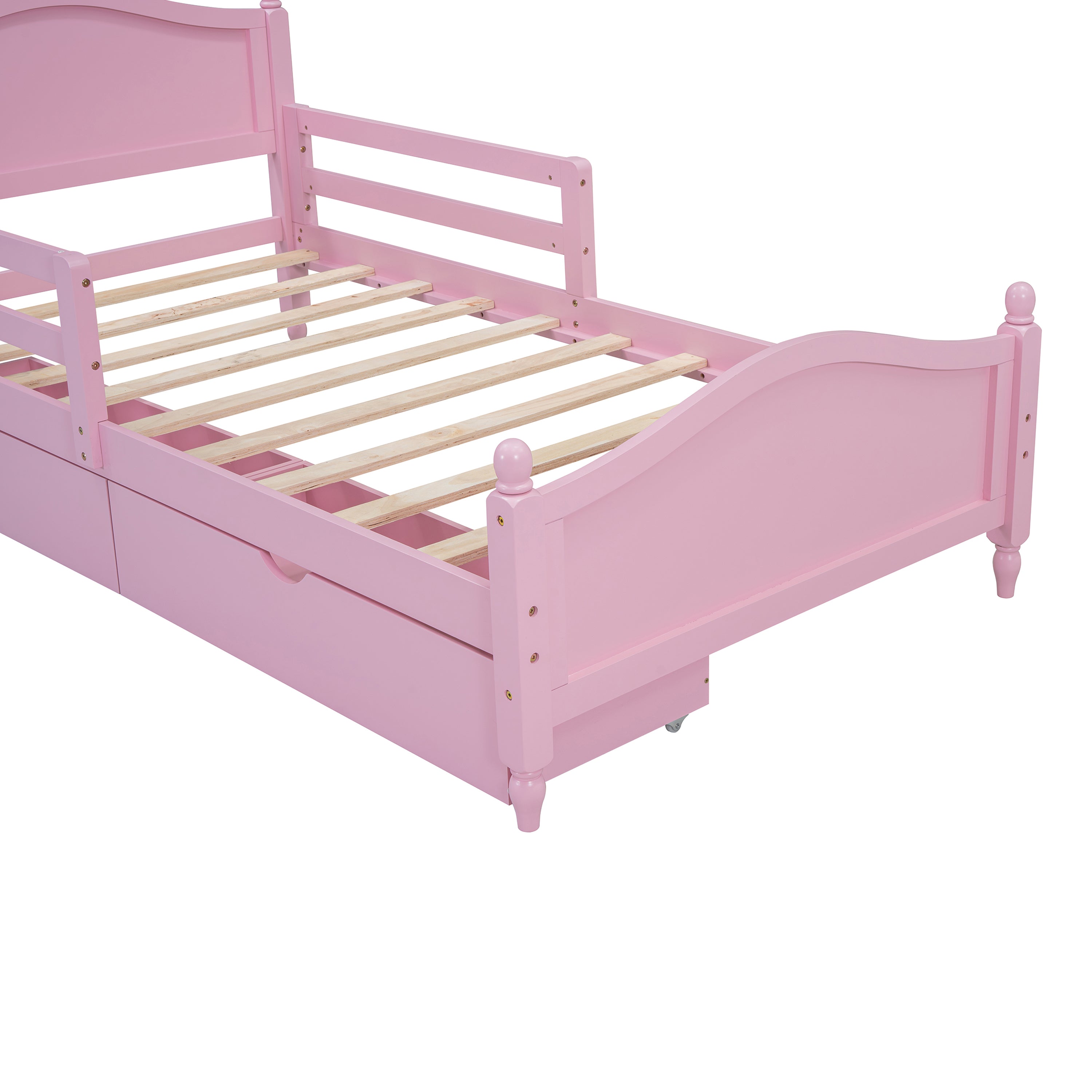 Twin Size Wood Platform Bed with Guardrails on Both Sides and Two Storage Drawers ,Pink