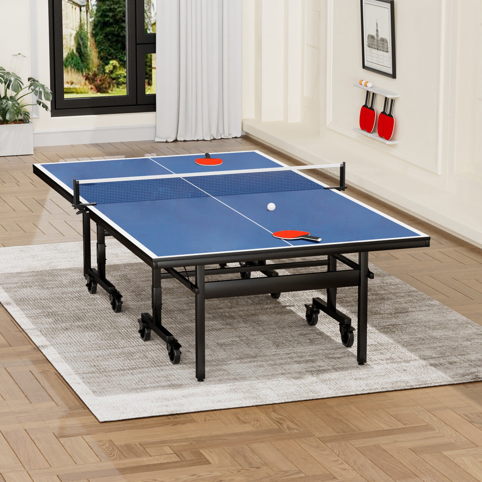 Table Tennis Table - 15mm Professional MDF Indoor Table Tennis Table with Table Tennis Net and Bats etc. Quick Assembly, Single Training Table, 108"L x 60"W x 30"H