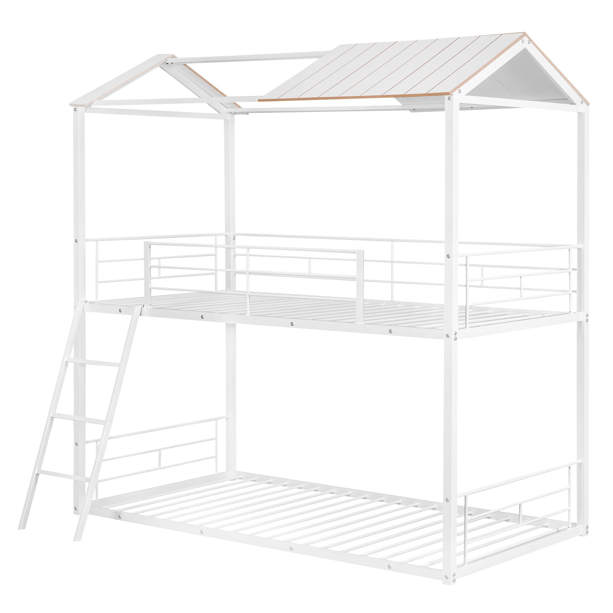 Twin Over Twin Bunk Bed Metal Bed with Half Roof, Guardrail and Ladder White