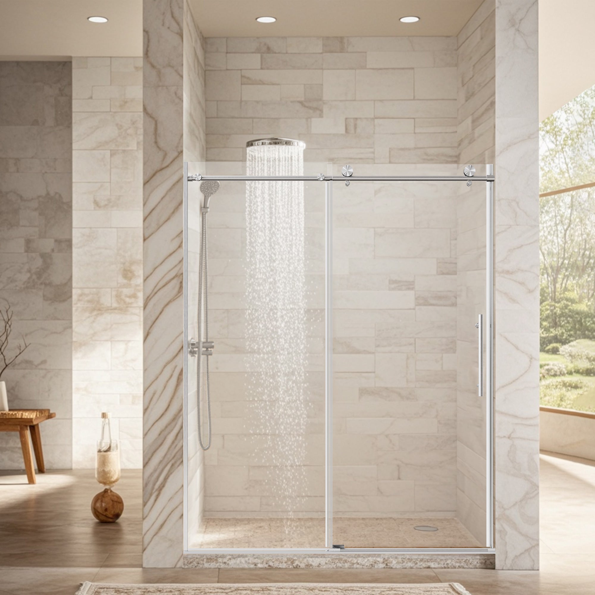 56-72 x 76 in Round-Tube Single Sliding Shower Door - 56-60 x 76 in / 1/4 in Glass / Brushed Nickel view 1