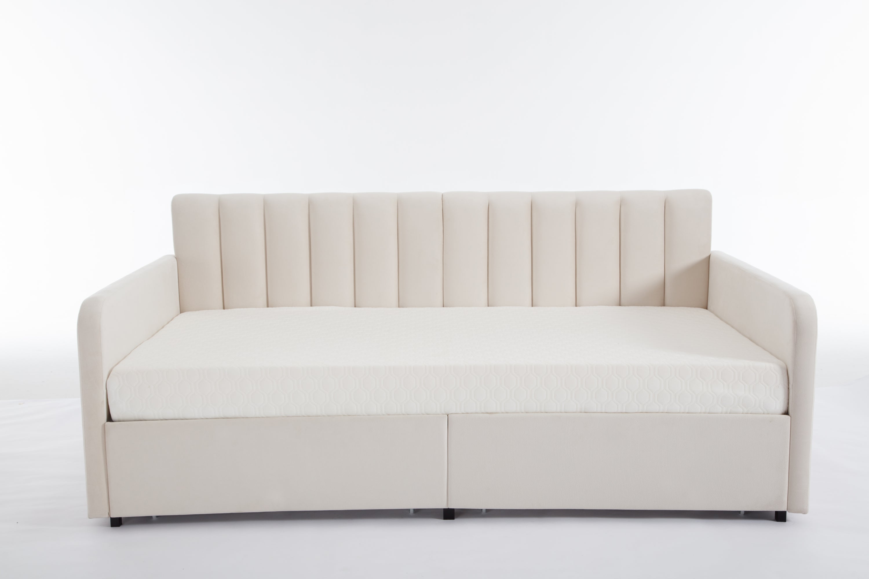 Flora Upholstered Daybed with 2 Drawers, Twin, Ivory Velvet, Ribbed Tufted Backrest, Daybed in Lavish Modern Design