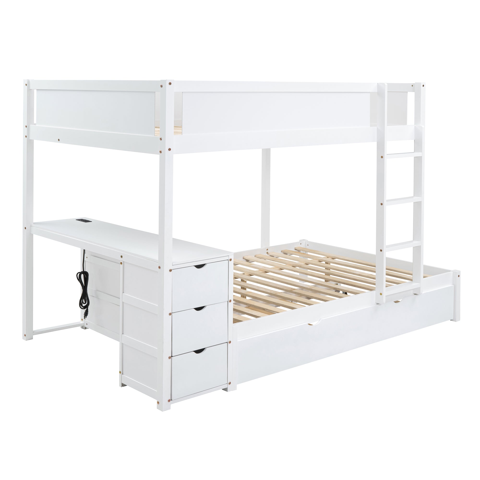 Full-Over-Full Bunk Bed with Twin size Trundle, Storage and Desk, White