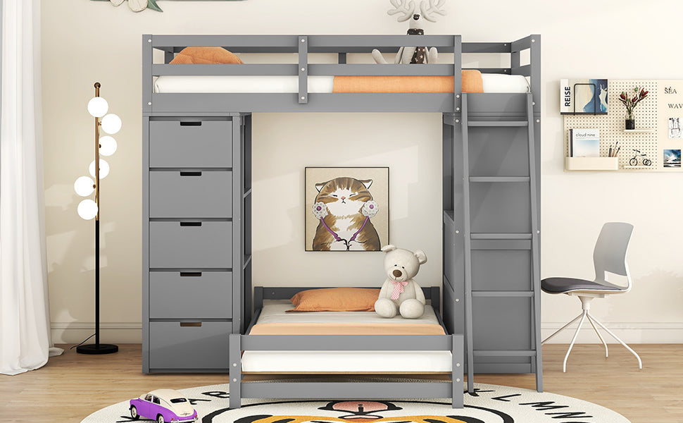 Twin over Twin Bunk Bed with LED Light and USB Ports, Gray