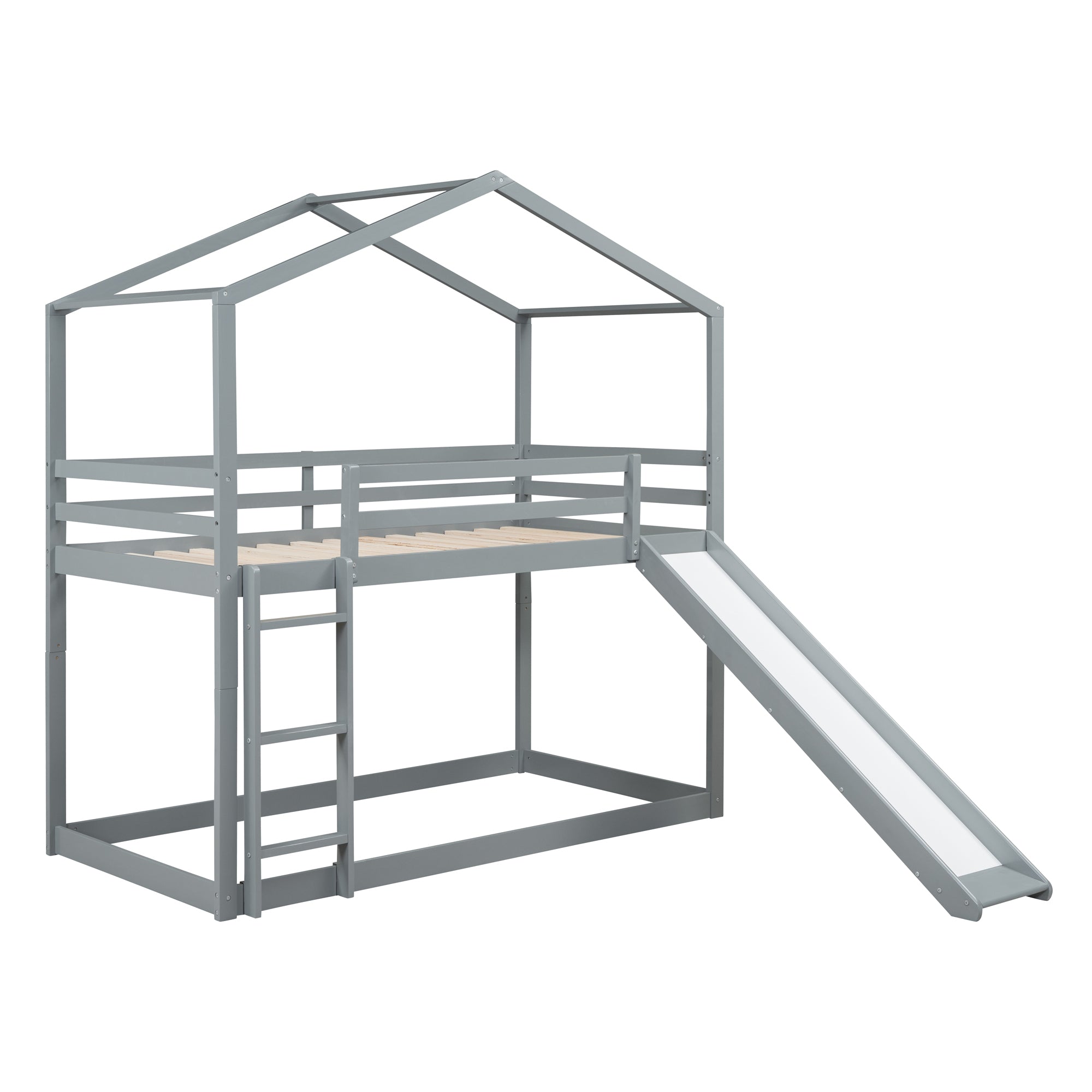 Twin Over Twin Bunk Bed with Roof, Slide and Ladder, Gray