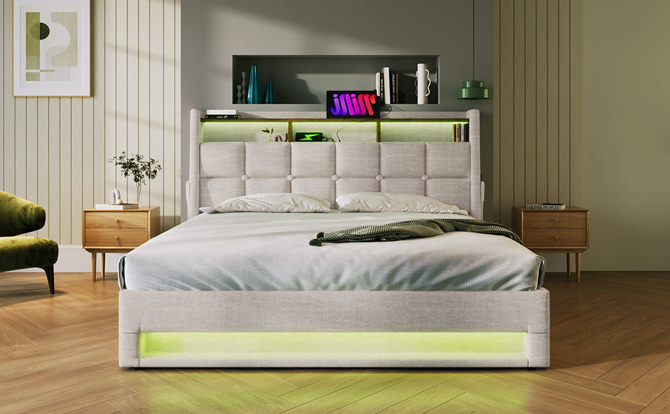 Queen size Upholstered Platform bed with a Hydraulic Storage System, LED and USB Charging, Natural (without mattress)