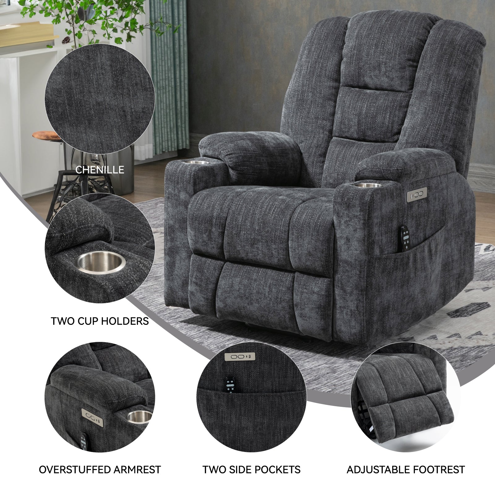 EMON'S Large Power Lift Recliner Chair with Massage and Heat for Elderly, Overstuffed Wide Recliners, Heavy Duty Motion Mechanism with USB and Type C Ports, 2 Steel Cup Holders, Gray