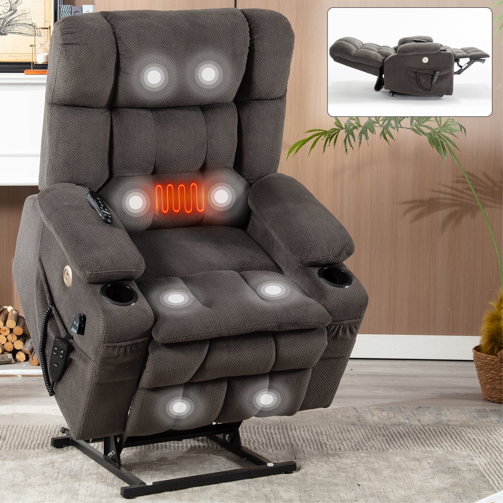 Brown Dual Motor Infinite Position Up to 350 LBS Chenille Power Lift Recliner Chair, Heavy Duty Motion Mechanism with 8-Point Vibration Massage and Lumbar Heating, Dual Cup Holders